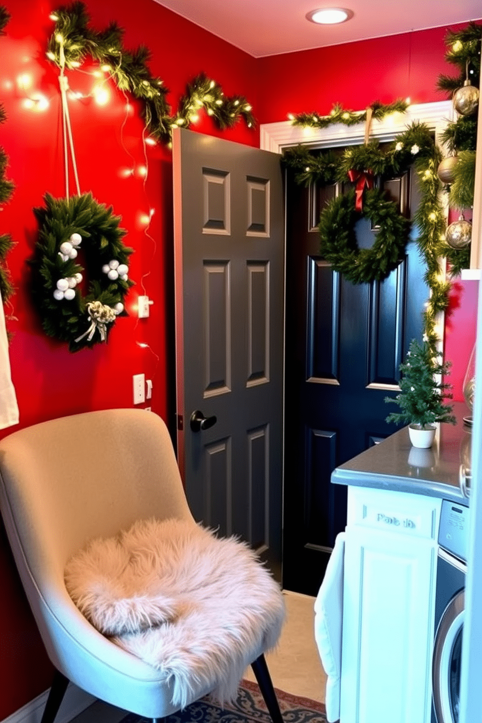 A cozy laundry room adorned for the holidays. A stylish chair in the corner features a soft faux fur throw, creating a warm and inviting atmosphere. The walls are painted in a cheerful red hue, complemented by festive decorations such as garlands and twinkling lights. A decorative wreath hangs on the door, while a small Christmas tree sits on the countertop, adding a touch of holiday spirit.