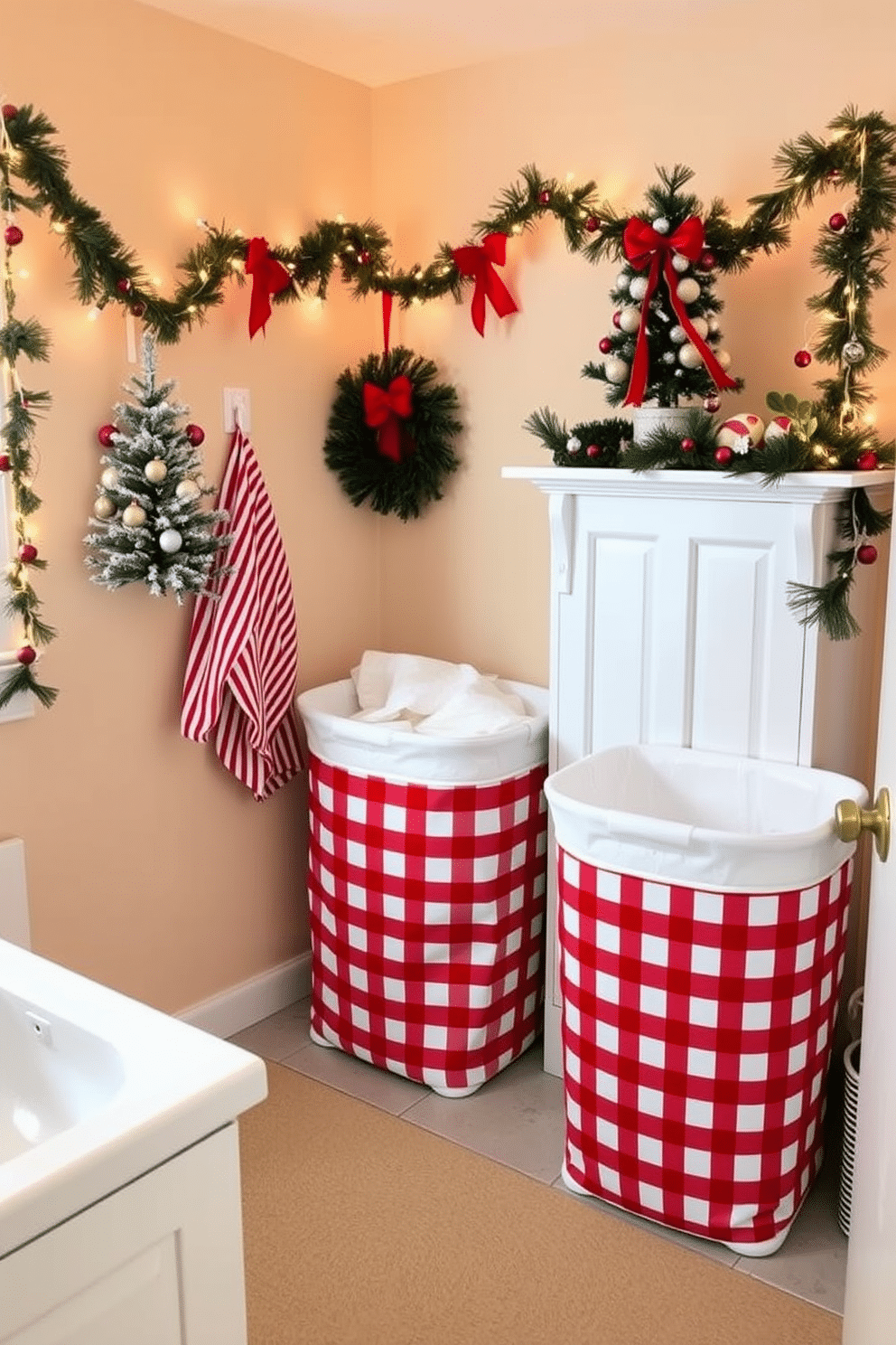 A cozy laundry room adorned for the Christmas season. Two red and white striped laundry hampers sit neatly in the corner, surrounded by festive decorations like garlands and twinkling fairy lights. The walls are painted in a soft, warm hue, creating a welcoming atmosphere. A small Christmas tree is placed on a shelf, decorated with ornaments that match the color scheme of the hampers.