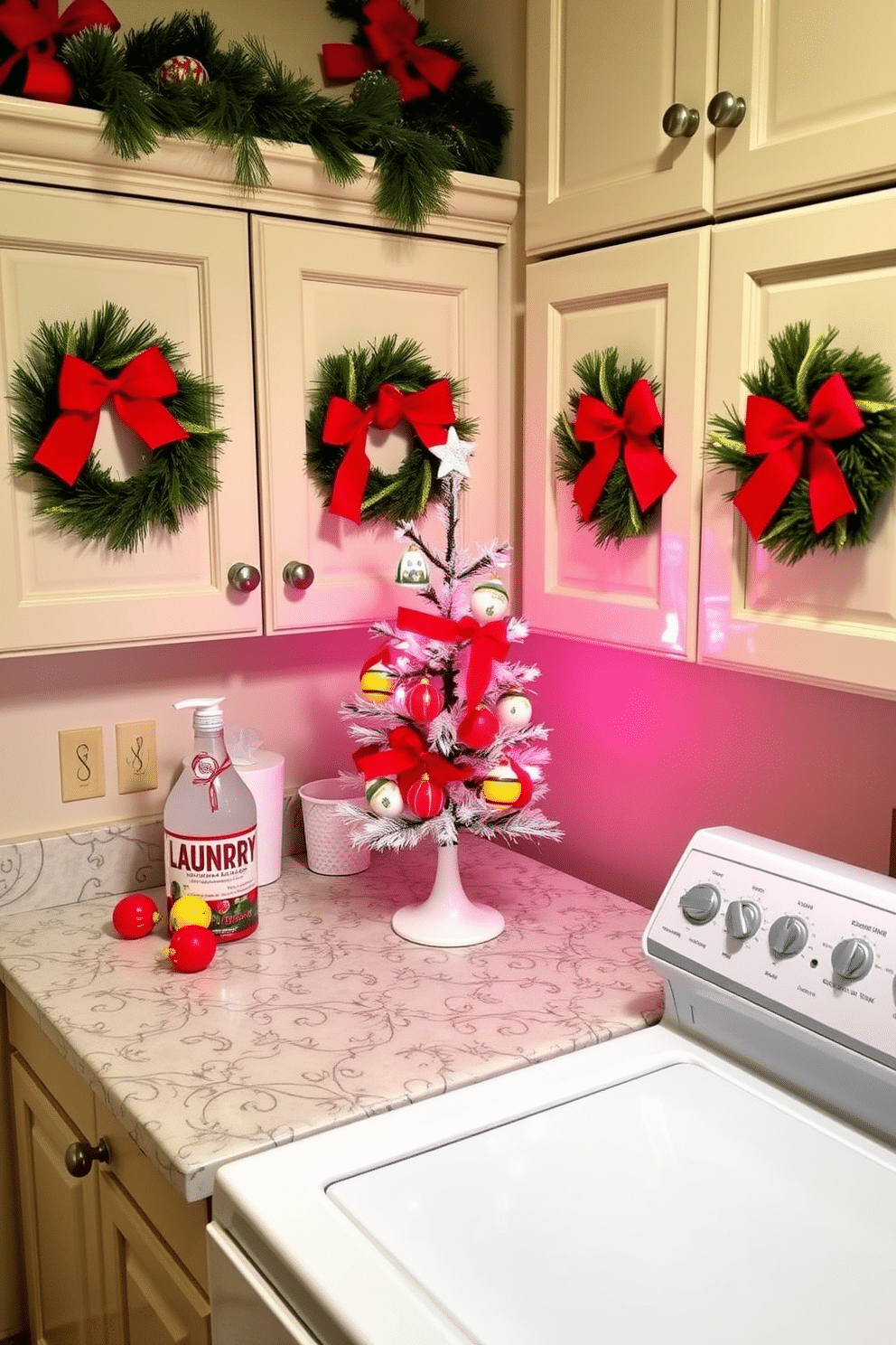 A cozy laundry room adorned with Christmas cheer. The countertop is decorated with festive dish soap in a decorative bottle and vibrant sponges shaped like holiday ornaments. A small Christmas tree stands in the corner, adorned with miniature laundry-themed ornaments. Wreaths made of pine and red bows are hung on the cabinet doors, adding a touch of seasonal warmth.