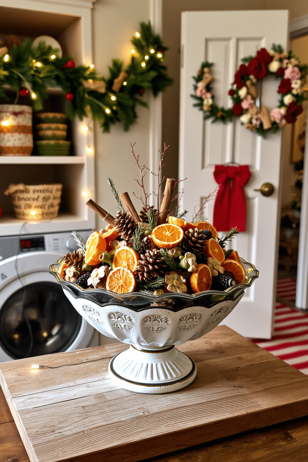 A festive display of holiday potpourri fills a decorative bowl, showcasing a blend of dried orange slices, cinnamon sticks, and pinecones. The bowl is elegantly placed on a rustic wooden table, surrounded by twinkling fairy lights that create a warm, inviting ambiance. In the laundry room, cheerful Christmas decorations adorn the space, with a garland of evergreen branches draped across the shelves. A vibrant red and white striped rug adds a touch of holiday spirit, while a wreath made of dried flowers hangs on the door.