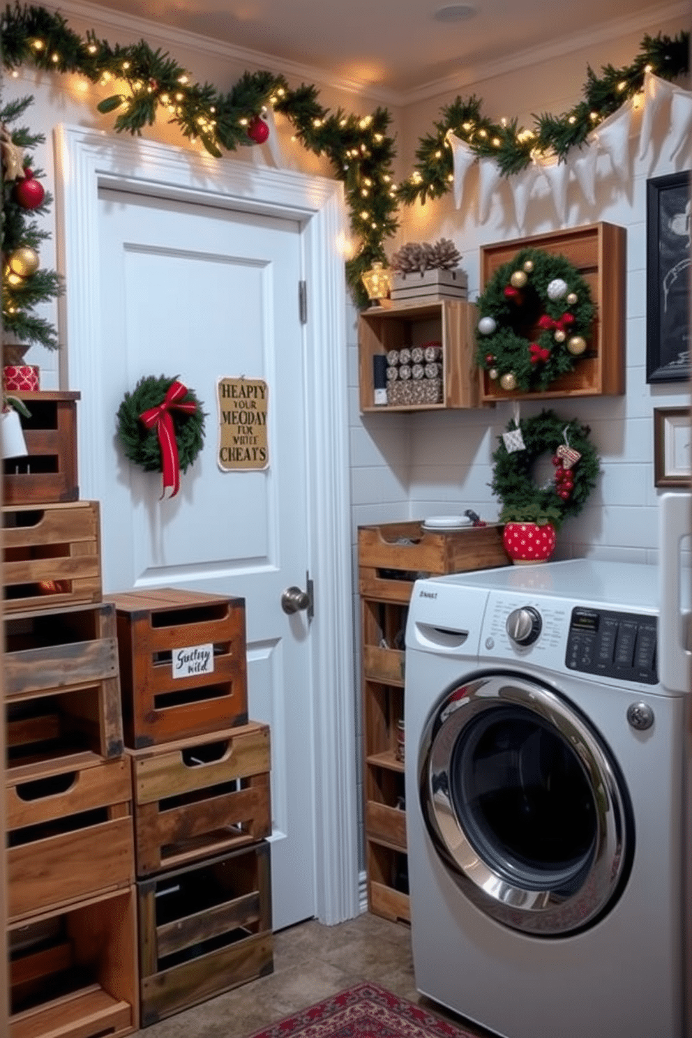 A cozy laundry room featuring rustic wooden crates stacked for storage, creating an inviting and functional space. The walls are adorned with festive Christmas decorations, including garlands and twinkling lights, enhancing the holiday spirit. A charming laundry area with vintage wooden crates used as stylish storage solutions, adding warmth and character. The room is decorated with cheerful Christmas accents, such as a wreath on the door and seasonal artwork on the walls.