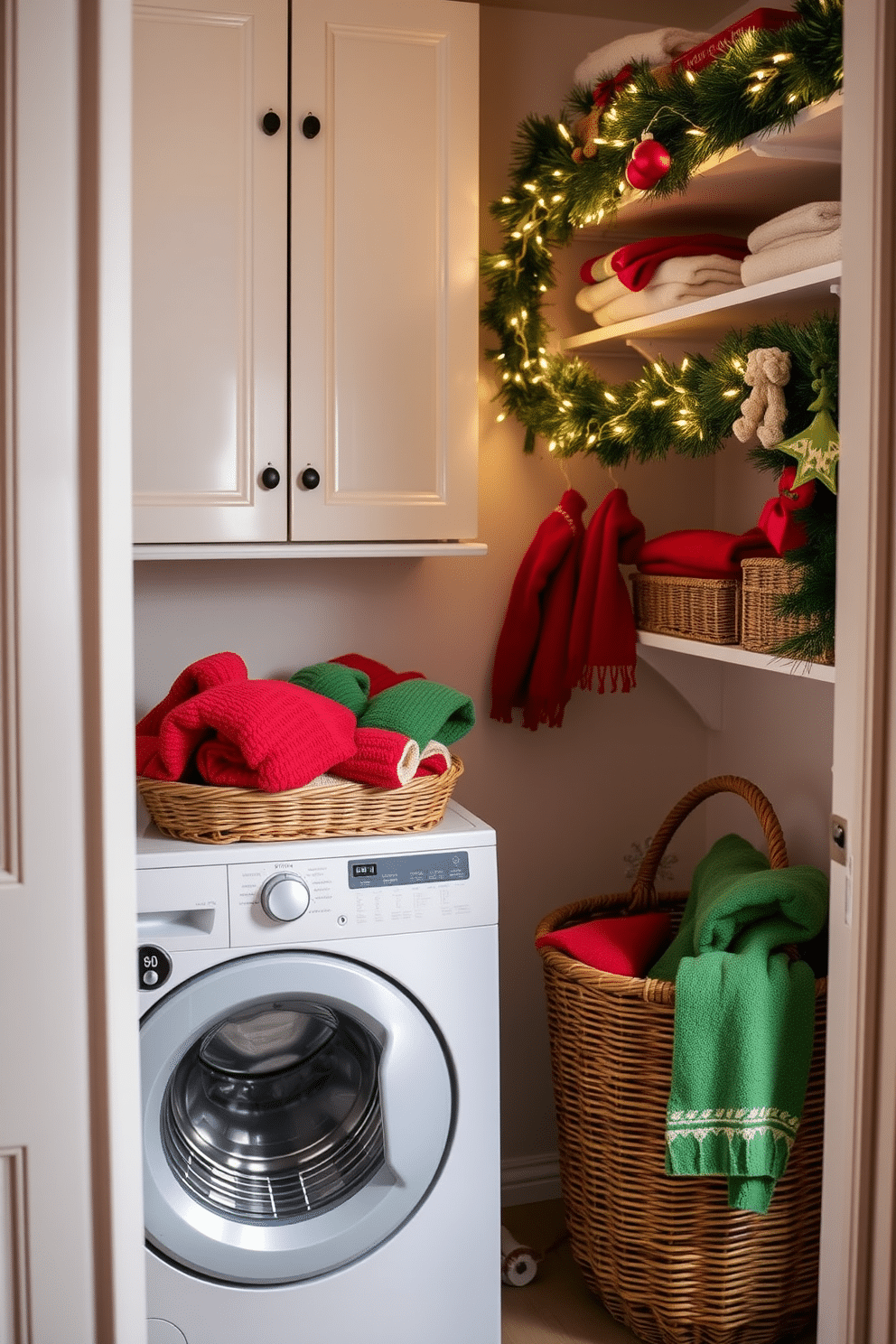 A cozy laundry room adorned for Christmas. A wicker basket filled with red and green towels sits in one corner, complemented by festive decorations like garlands and twinkling lights draped along the shelves.