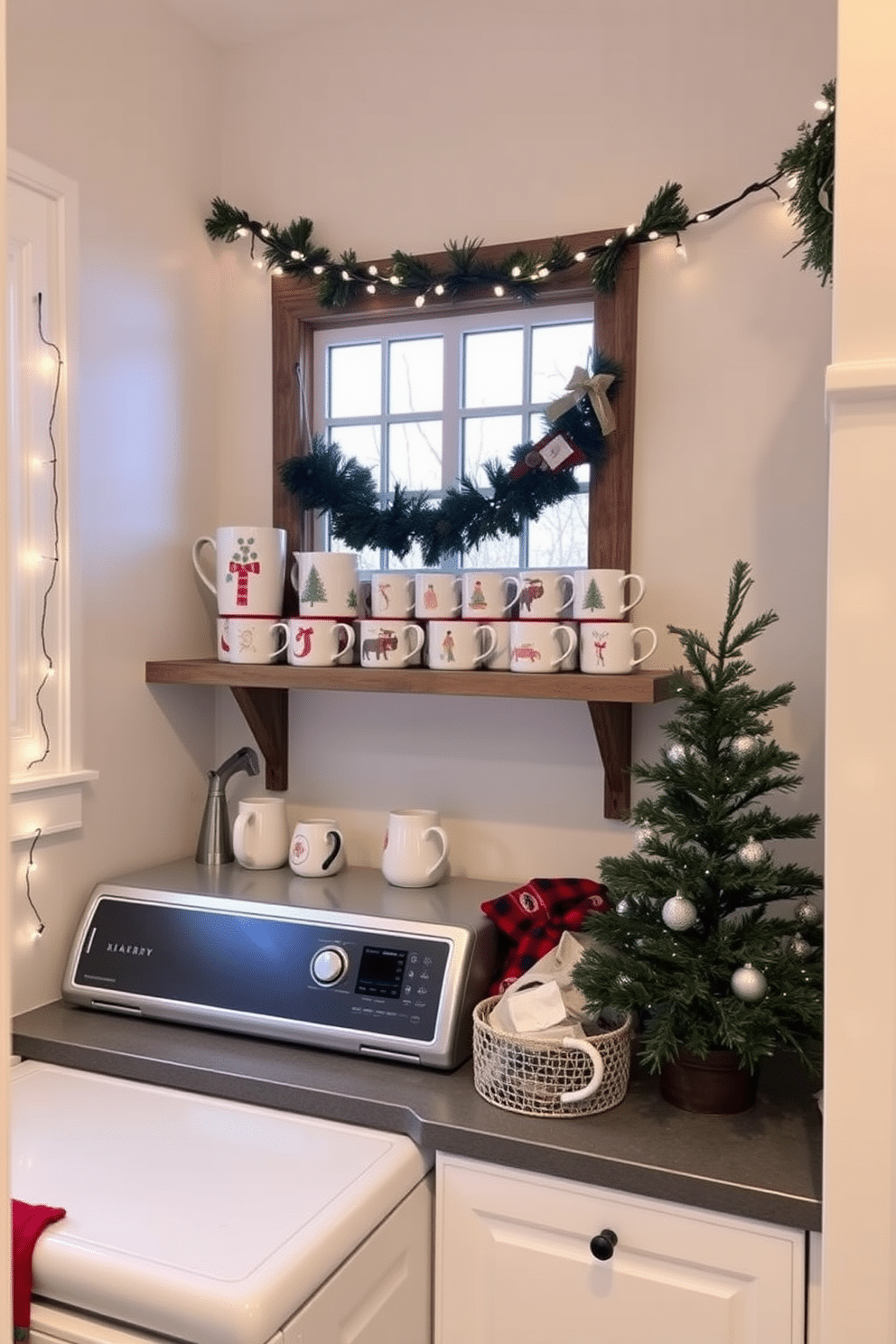 A cozy laundry room adorned for the holidays, featuring a collection of decorative holiday mugs displayed on a rustic wooden shelf. The walls are painted a soft, inviting color, and festive garlands drape across the window, creating a warm and cheerful atmosphere. A stylish laundry room decorated for Christmas, showcasing a variety of holiday-themed mugs arranged on a sleek countertop. Twinkling fairy lights are strung along the cabinets, and a small evergreen tree adds a touch of seasonal charm to the space.