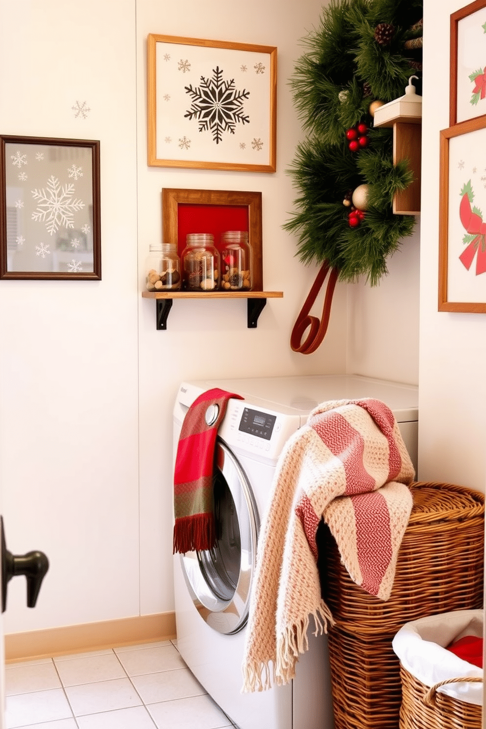 A cozy laundry room adorned with Christmas-themed wall art. The walls are decorated with festive prints featuring snowflakes and holiday motifs, creating a cheerful atmosphere. In one corner, a small shelf displays decorative jars filled with pinecones and ornaments. A vibrant red and green color scheme enhances the holiday spirit, complemented by a plush throw blanket draped over a wicker basket.