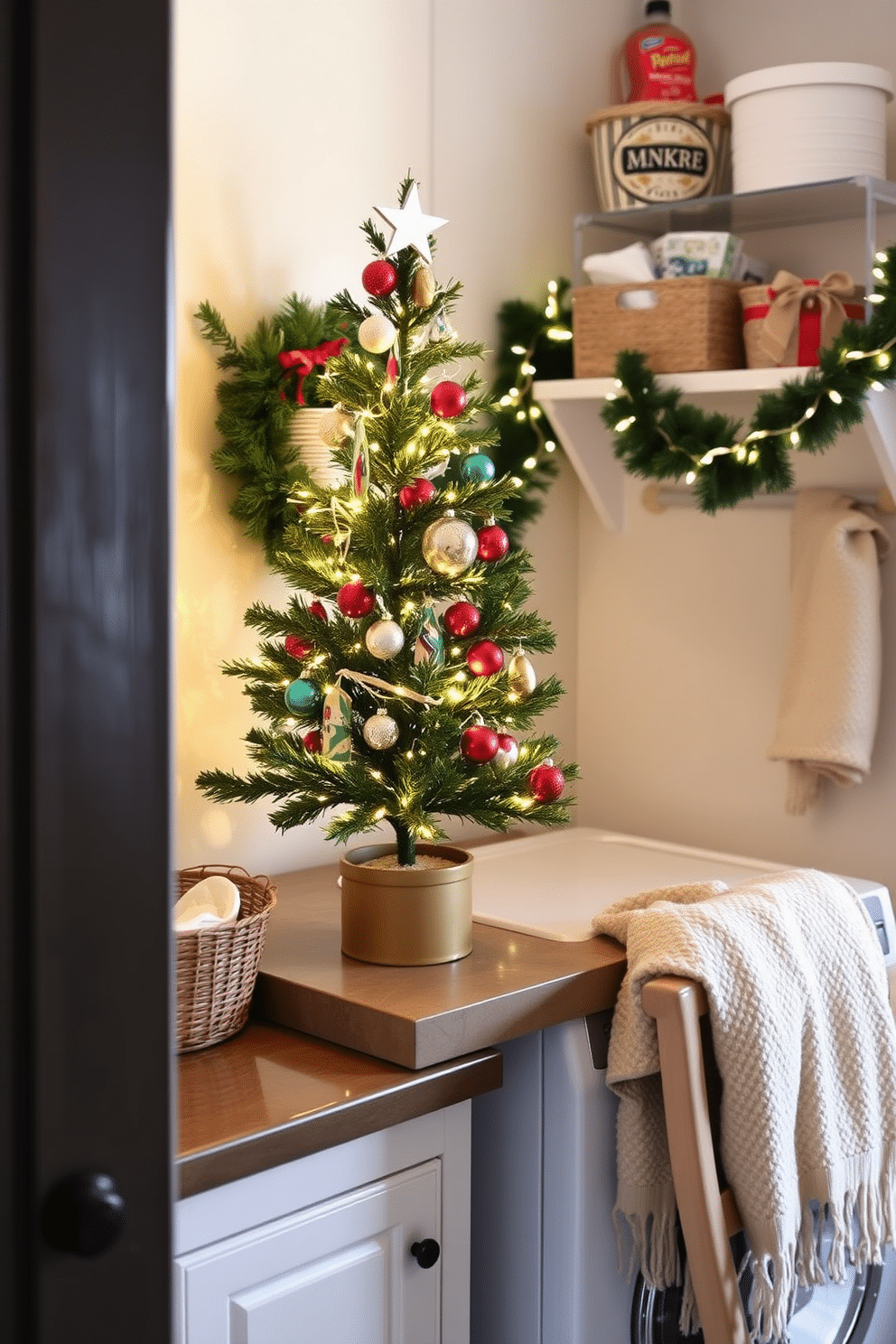 A charming laundry room decorated for the holidays features a mini Christmas tree perched on the countertop. The tree is adorned with twinkling lights and colorful ornaments, bringing festive cheer to the space. Surrounding the tree, there are neatly arranged laundry supplies in decorative baskets, adding a touch of organization. Festive garlands drape along the shelves, and a cozy throw blanket is casually placed on a nearby chair, enhancing the warm holiday atmosphere.