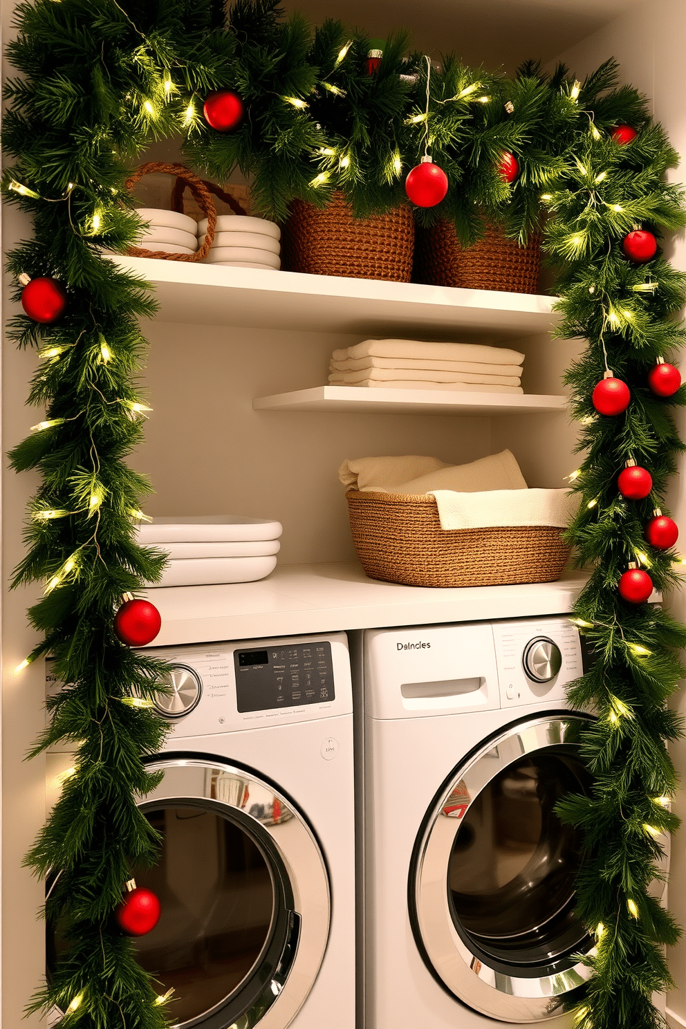 A festive laundry room adorned with a holiday garland draped elegantly over the open shelves. The garland is lush and green, interspersed with twinkling fairy lights and red ornaments, creating a cheerful and inviting atmosphere.