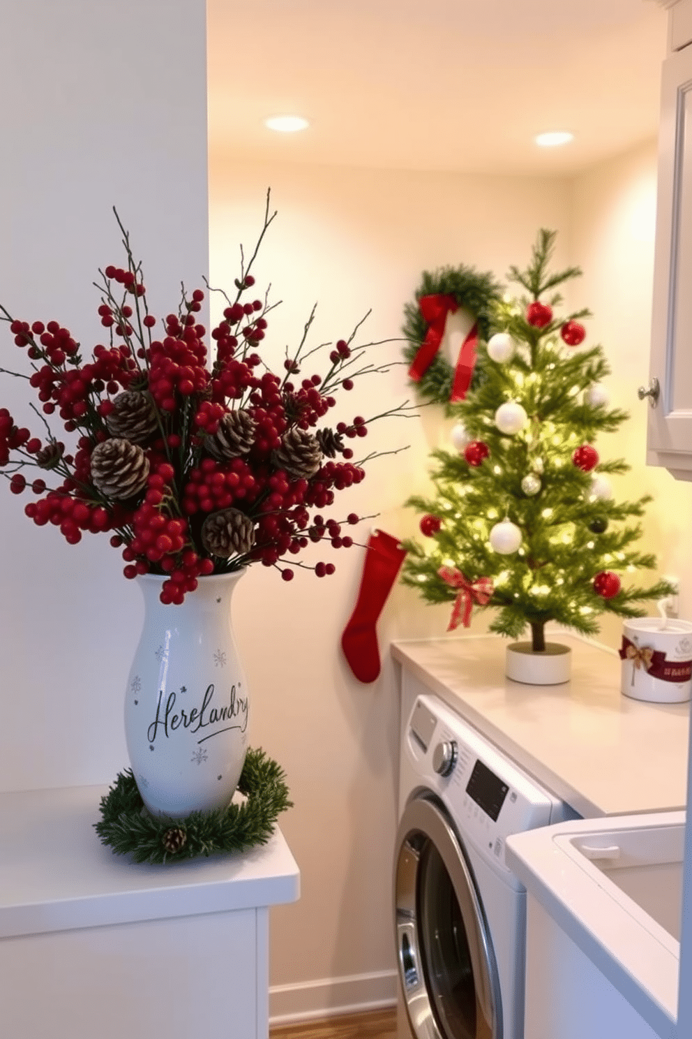 A cozy laundry room adorned for Christmas features a large vase filled with pinecones and vibrant red berries, adding a festive touch to the space. The walls are painted a soft white, and the countertops are clutter-free, showcasing a few carefully placed holiday-themed decorations. The room is illuminated by warm, ambient lighting that highlights the seasonal decor. A small evergreen tree stands in the corner, decorated with twinkling lights and ornaments, creating a cheerful atmosphere for holiday laundry days.