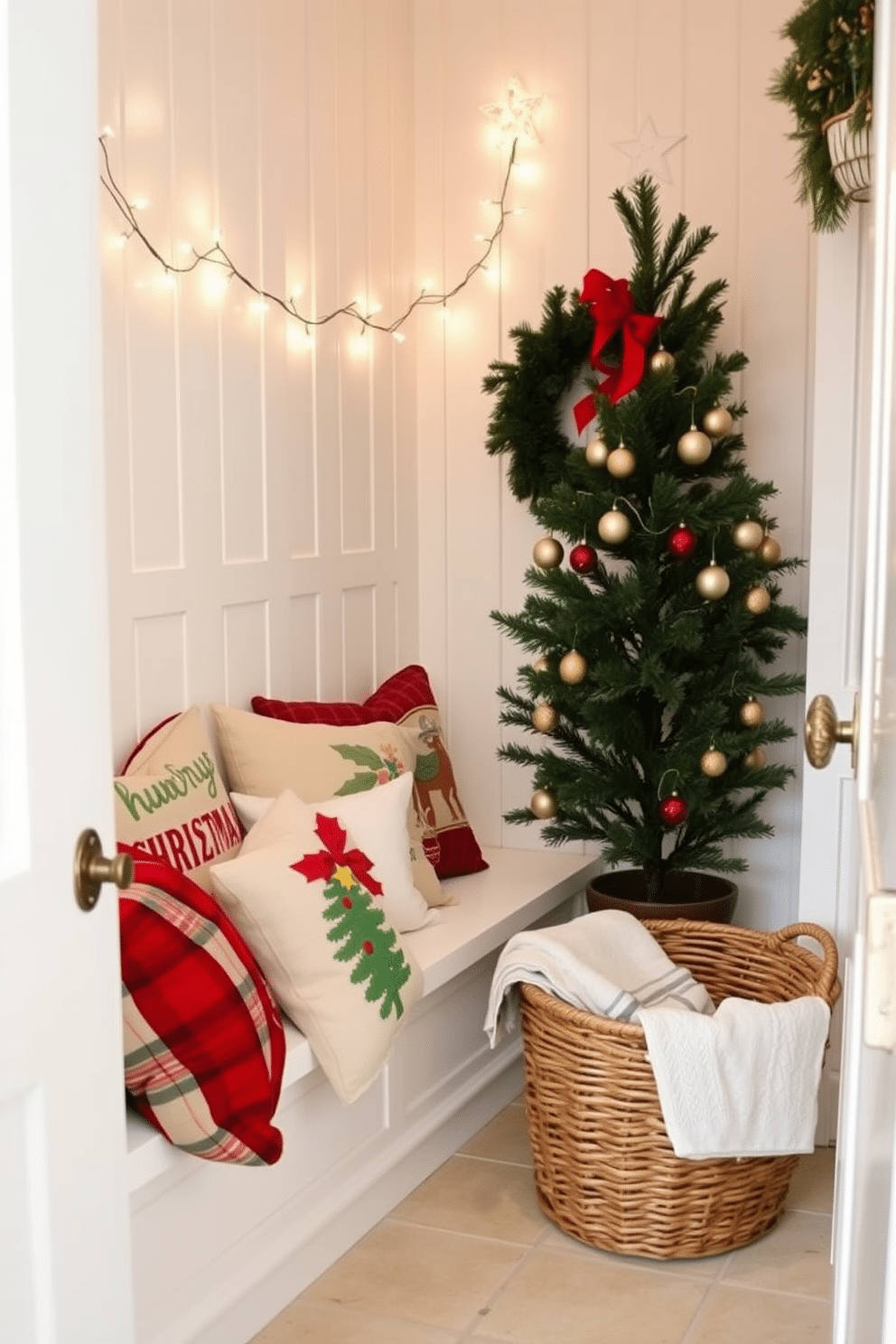 A cozy laundry room adorned for the holiday season features a charming bench covered with seasonal throw pillows in festive patterns and colors. The walls are painted a soft white, and twinkling fairy lights are draped above, creating a warm and inviting atmosphere. To enhance the Christmas spirit, a small evergreen tree sits in the corner, decorated with delicate ornaments and a star on top. A woven basket filled with neatly folded towels adds a touch of practicality while complementing the festive decor.