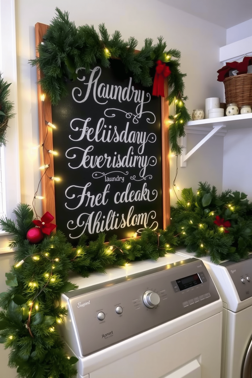 A charming laundry room adorned for the holidays features a large chalkboard sign displaying festive messages in elegant white script. Surrounding the sign, cheerful decorations include garlands of greenery and twinkling fairy lights, creating a warm and inviting atmosphere for seasonal chores.