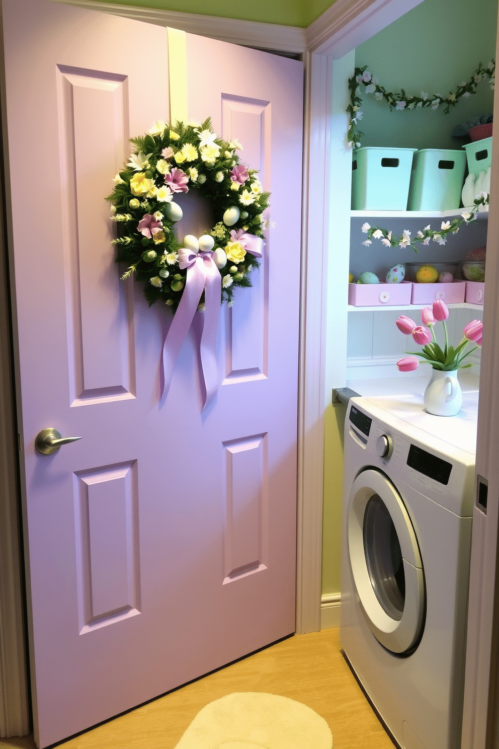 A welcoming front door adorned with a spring-themed wreath made of fresh flowers, pastel-colored ribbons, and small decorative eggs. The door itself is painted a soft lavender, complementing the vibrant colors of the wreath and creating an inviting entrance. A bright and cheerful laundry room decorated for Easter, featuring pastel-colored storage bins and a bunny-shaped rug. Shelves are lined with decorative ceramic eggs and a garland of tiny paper flowers, while a vase of fresh tulips sits atop the folding counter, bringing a touch of spring indoors.