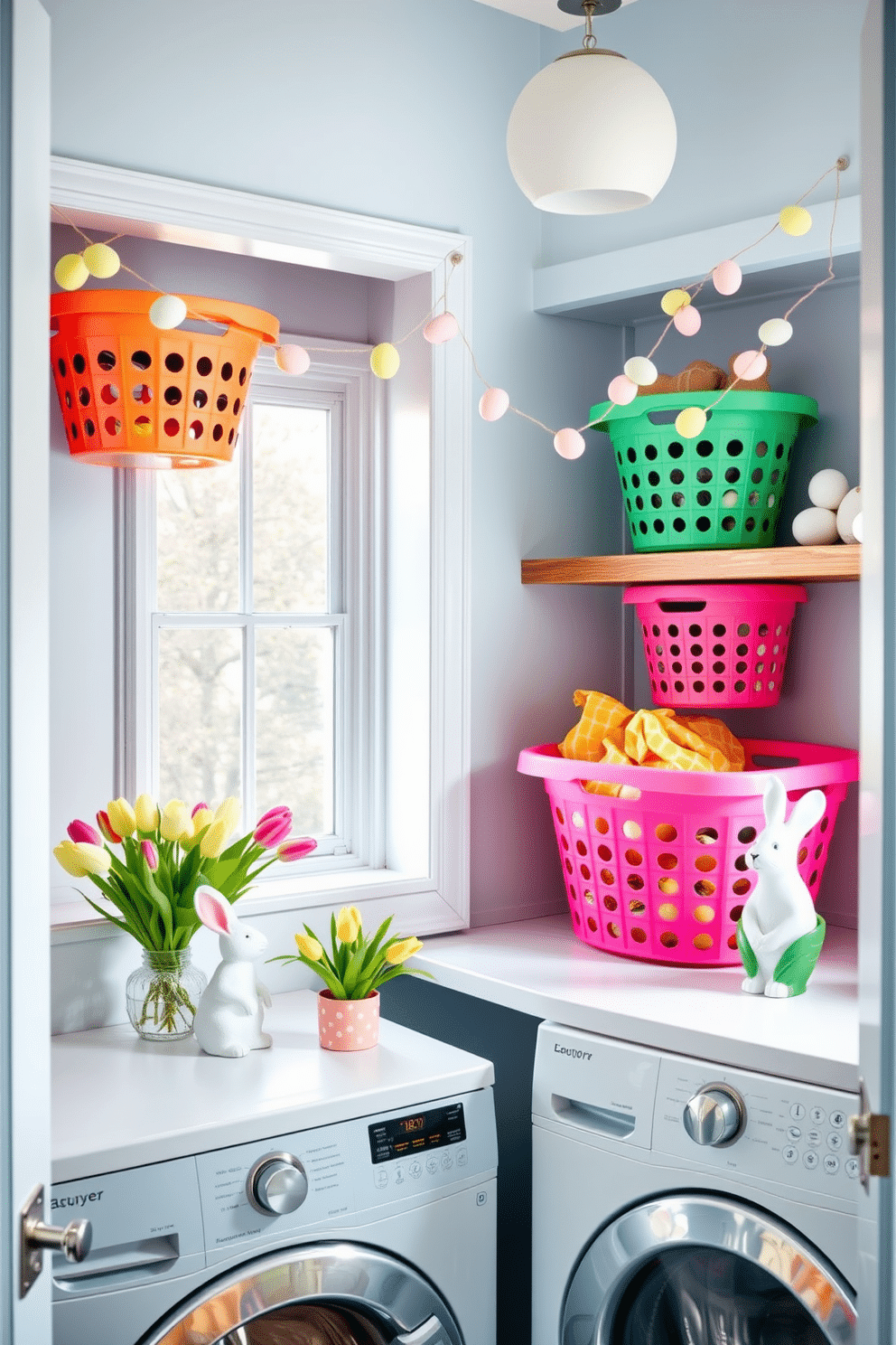 A playful laundry room adorned with brightly colored laundry baskets. The baskets are arranged neatly on open wooden shelves, adding a touch of vibrancy to the space, which is painted in a soft pastel blue. Easter-themed decorations bring a festive feel to the laundry room. Delicate garlands of pastel-colored eggs hang above the window, while a ceramic bunny figurine sits on the countertop next to a vase of fresh tulips.