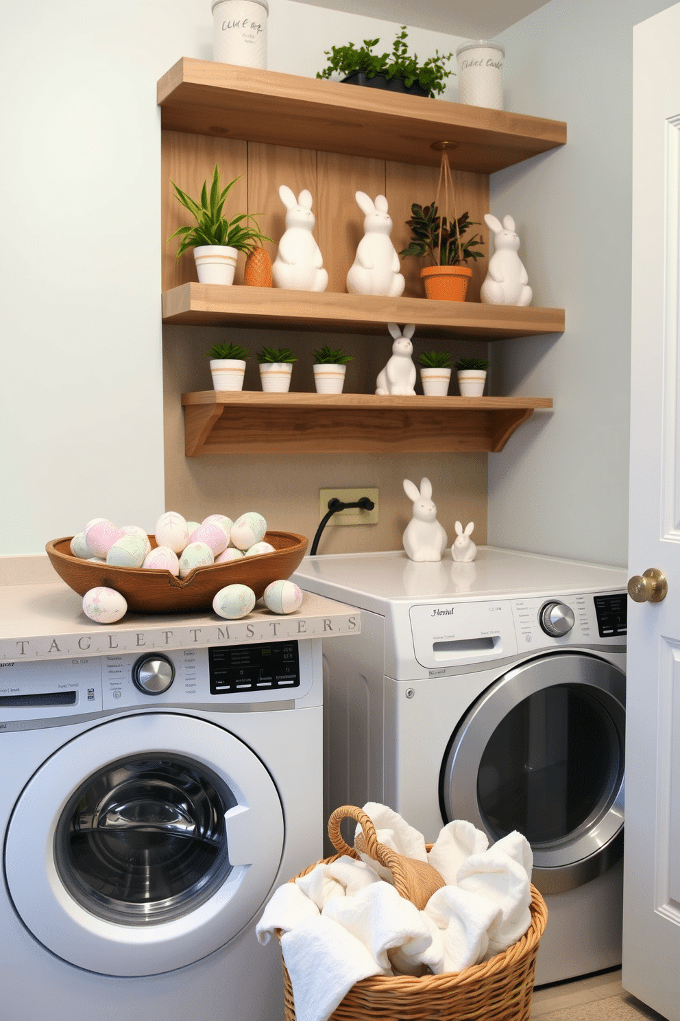 A cozy laundry room adorned with Easter decorations. On the countertop, a rustic wooden bowl is filled with beautifully painted wooden eggs in pastel colors, each adorned with intricate patterns and delicate floral designs. Above the washer and dryer, open shelves display small potted plants and bunny figurines, adding a touch of springtime charm. The walls are painted a soft, light blue, and a woven basket filled with fresh linens sits on the floor, completing the inviting, festive atmosphere.