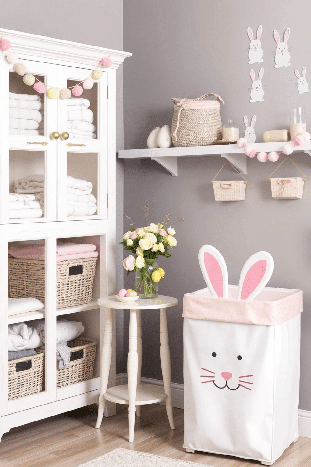 A cozy laundry room with a cute bunny-themed hamper for kids, featuring soft pastel colors and playful bunny ears on the lid. The hamper is placed next to a white wooden cabinet with open shelves displaying neatly folded towels and baskets filled with laundry supplies. Easter decorations bring a festive touch to the laundry room, with pastel-colored garlands and bunny-shaped decals adorning the walls. A small table holds a vase of fresh spring flowers and a bowl of colorful Easter eggs, adding a cheerful vibe to the space.