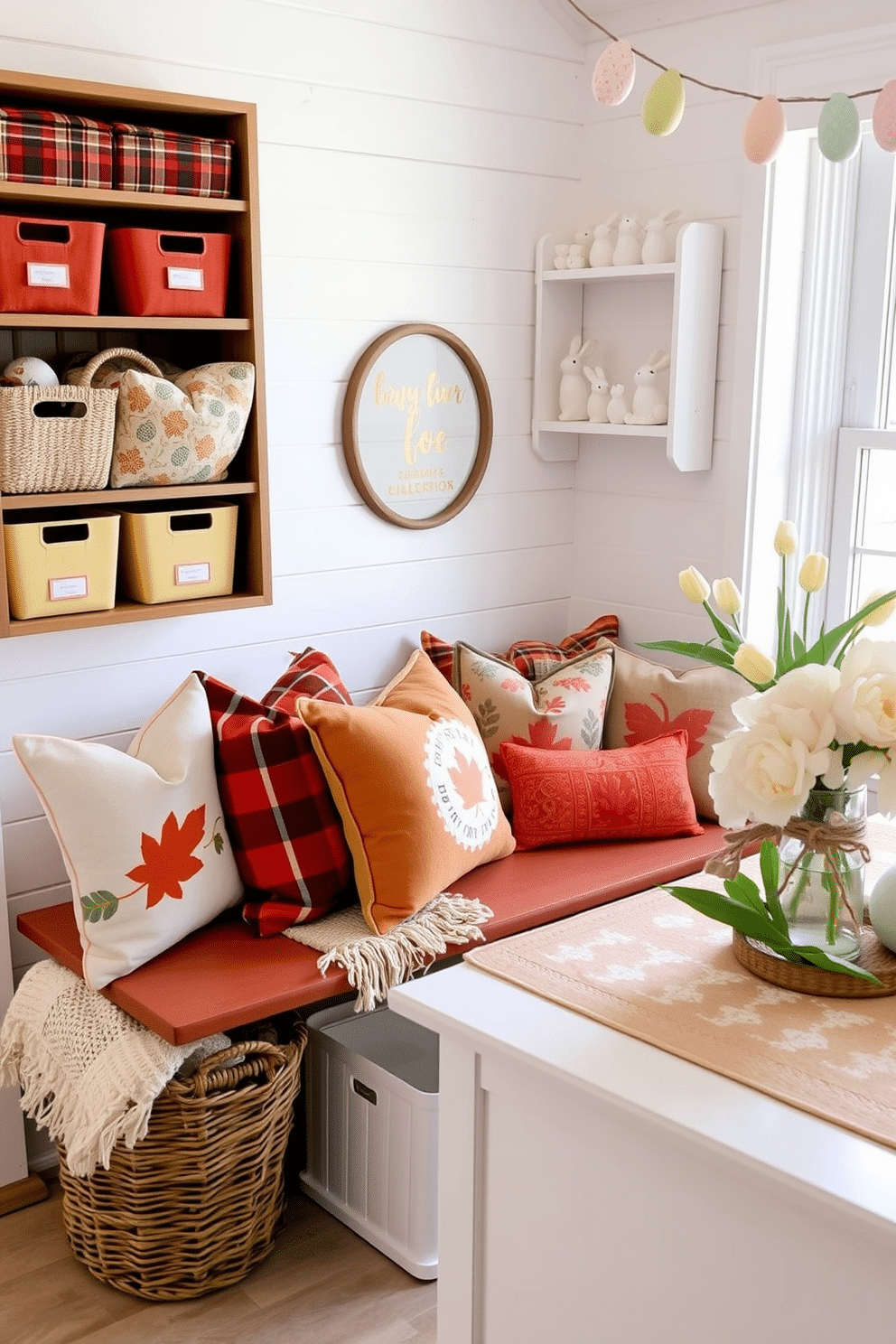 Seasonal throw pillows on a bench: A cozy entryway bench adorned with an array of seasonal throw pillows, each featuring vibrant autumnal colors and patterns such as plaid, leaves, and pumpkins. The bench is situated against a white shiplap wall, with a woven basket underneath holding additional pillows and a warm, knitted blanket. Laundry Room Easter Decorating Ideas: A bright and cheerful laundry room decorated for Easter, featuring pastel-colored storage bins and a wall-mounted shelf displaying ceramic bunnies and Easter eggs. The folding counter is adorned with a spring-themed table runner and a vase of fresh tulips, while a garland of paper Easter eggs hangs above the window.