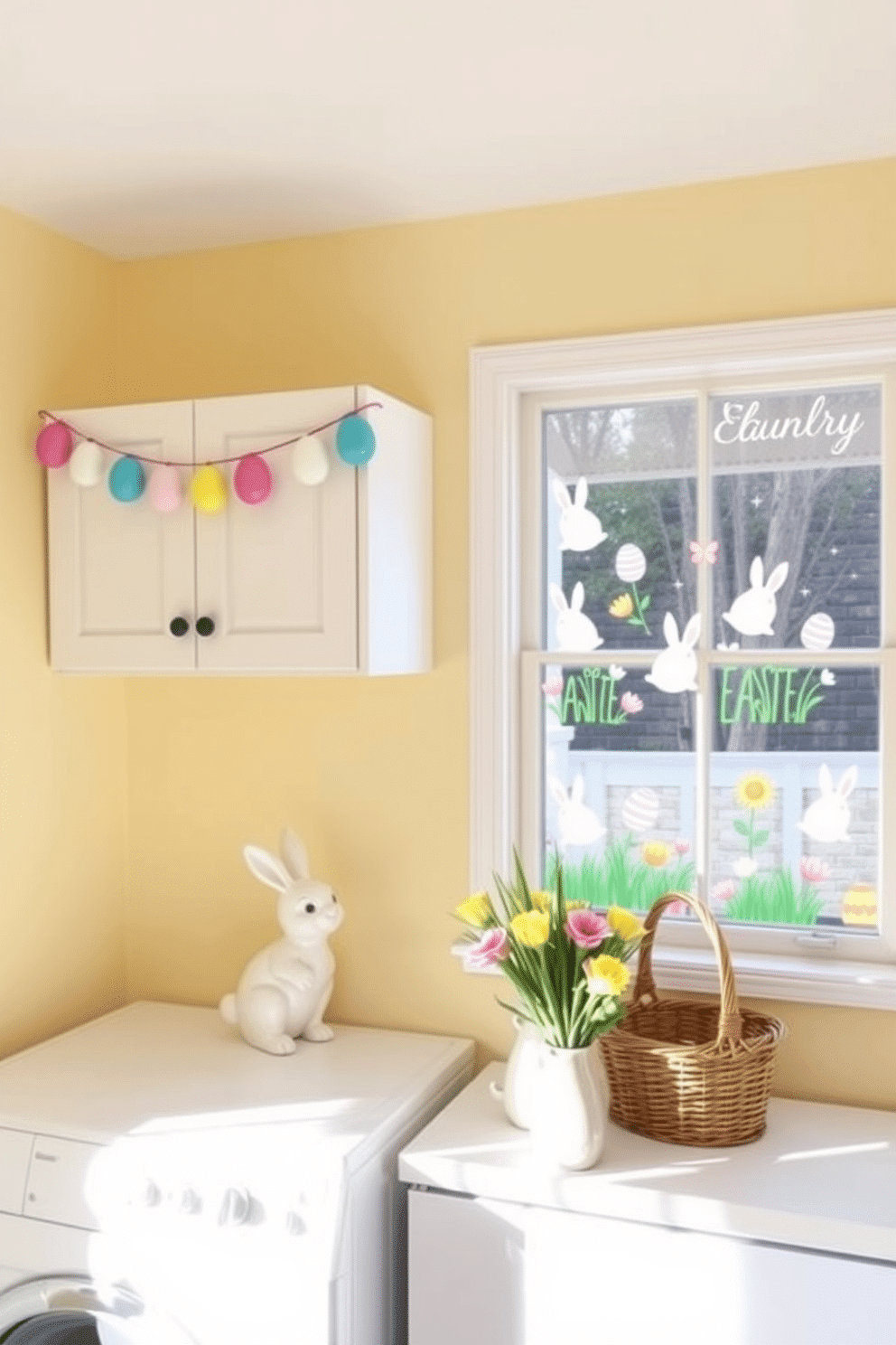 An inviting laundry room decorated for Easter. The walls are painted in a soft pastel yellow, and above the white cabinets, a garland of colorful Easter eggs is strung. On the countertop, a ceramic bunny sits beside a wicker basket filled with fresh flowers. The window features Easter-themed clings with bunnies, eggs, and spring flowers, casting a cheerful light into the room.