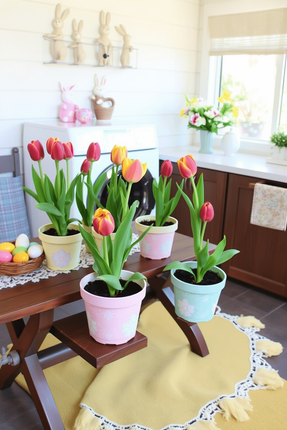 DIY painted flower pots with tulips. A cozy outdoor patio with a wooden table showcasing several DIY painted flower pots, each featuring vibrant tulips in full bloom. The pots are painted in pastel colors with intricate floral patterns, and the table is adorned with a lace tablecloth, creating a charming and inviting atmosphere. Laundry Room Easter Decorating Ideas. A bright and airy laundry room decorated for Easter, featuring pastel-colored baskets and bunny-shaped wall decals. The countertops are adorned with ceramic Easter eggs and a vase filled with spring flowers, while a soft yellow rug adds a touch of warmth and festivity to the space.