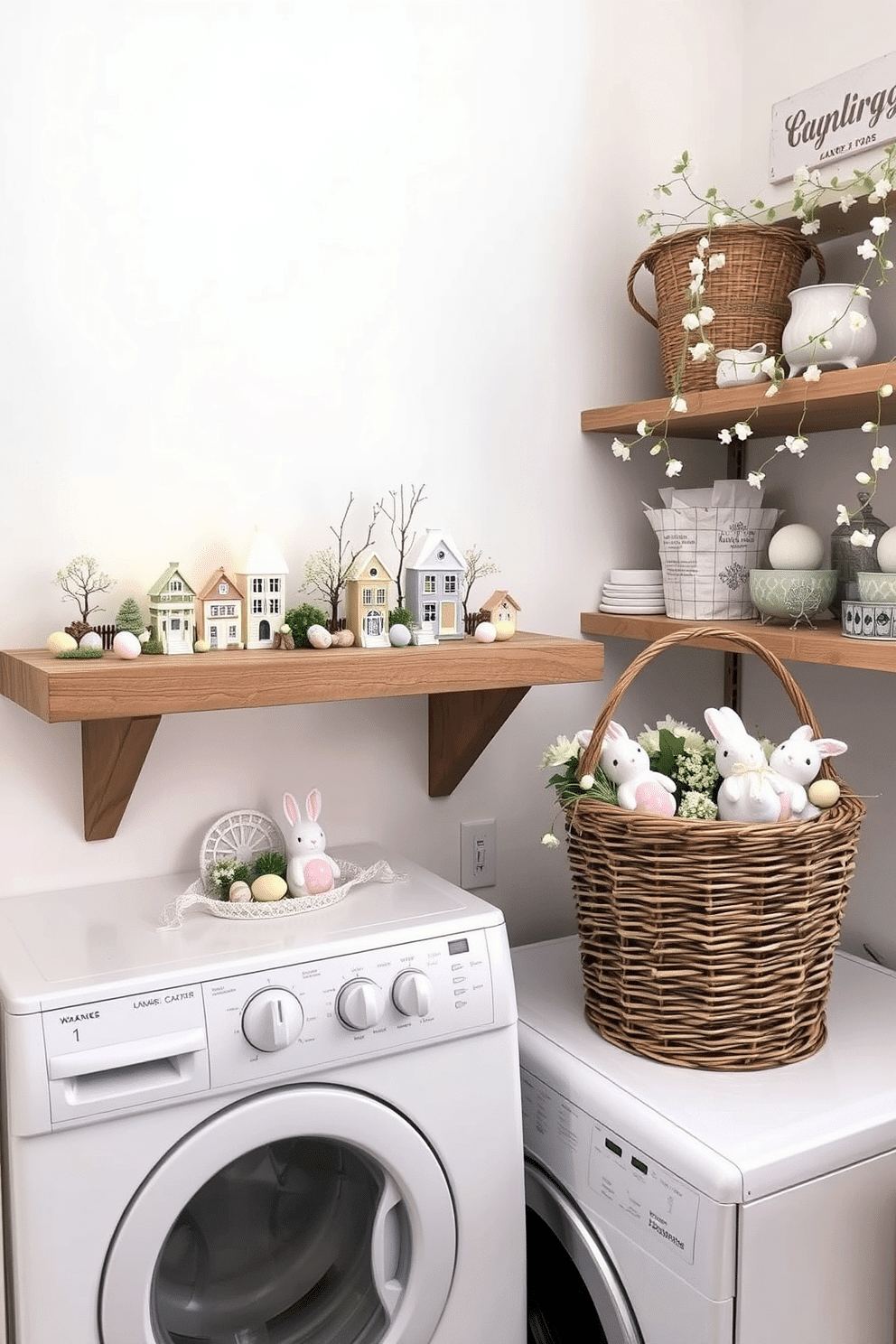 A charming miniature Easter village is displayed on a rustic wooden shelf. Tiny pastel-colored houses with intricate details are surrounded by miniature trees, Easter eggs, and adorable bunny figurines, all under a soft, warm light that brings the scene to life. In a cozy laundry room, Easter decorations add a touch of festive cheer. Delicate garlands of pastel-colored eggs and flowers drape over shelves and cabinets, while a wicker basket filled with plush bunnies and spring blooms sits atop the washing machine.