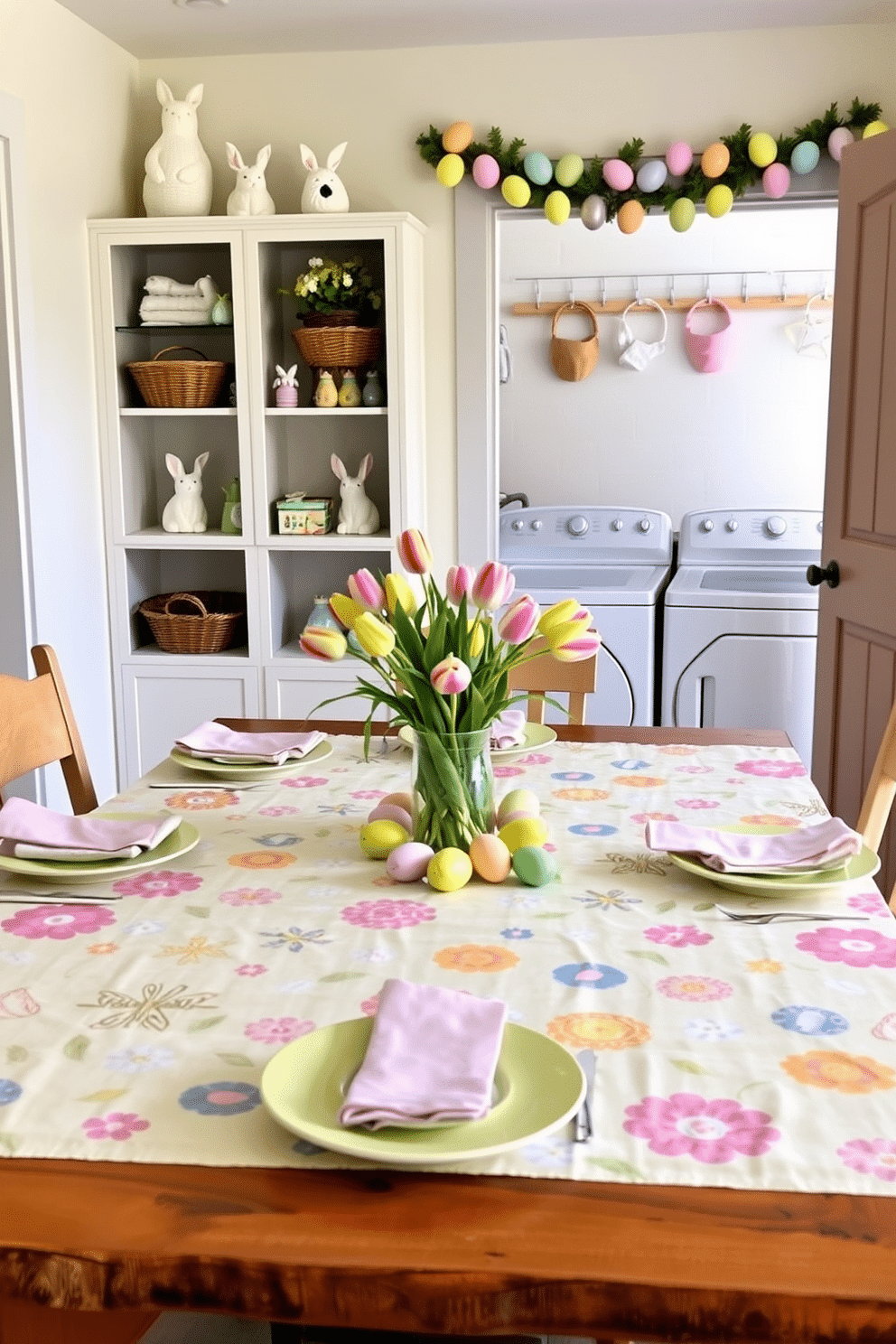 A bright tablecloth adorned with colorful Easter patterns lies spread across a rustic wooden dining table. The table is set with pastel-colored plates and matching napkins, with a centerpiece featuring a vase of fresh tulips and a scattering of painted Easter eggs. In the laundry room, cheerful Easter decorations bring a festive touch. The shelves are lined with bunny figurines and spring-themed baskets, while a garland of pastel eggs hangs above the washer and dryer, creating a lively and inviting space.