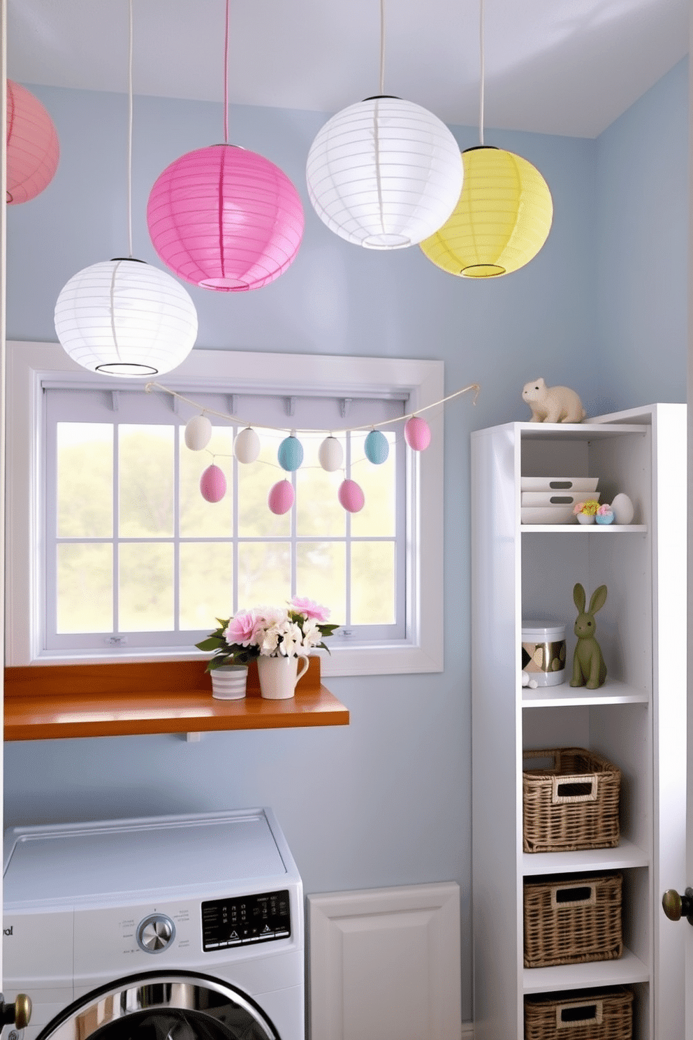 A cozy laundry room with hanging paper lanterns in pastel colors. The lanterns are suspended from the ceiling at varying heights, creating a whimsical atmosphere. The walls are painted in a soft, light blue, and white shelving units line one side of the room. A wooden countertop sits above the washer and dryer, with wicker baskets neatly arranged underneath. Easter decorating ideas for the laundry room feature pastel-colored accents and seasonal decor. A garland of Easter eggs in soft pinks, blues, and yellows is draped above the window. A small potted plant with blooming spring flowers sits on the countertop. A decorative bunny figurine is placed on one of the shelves, adding a festive touch.