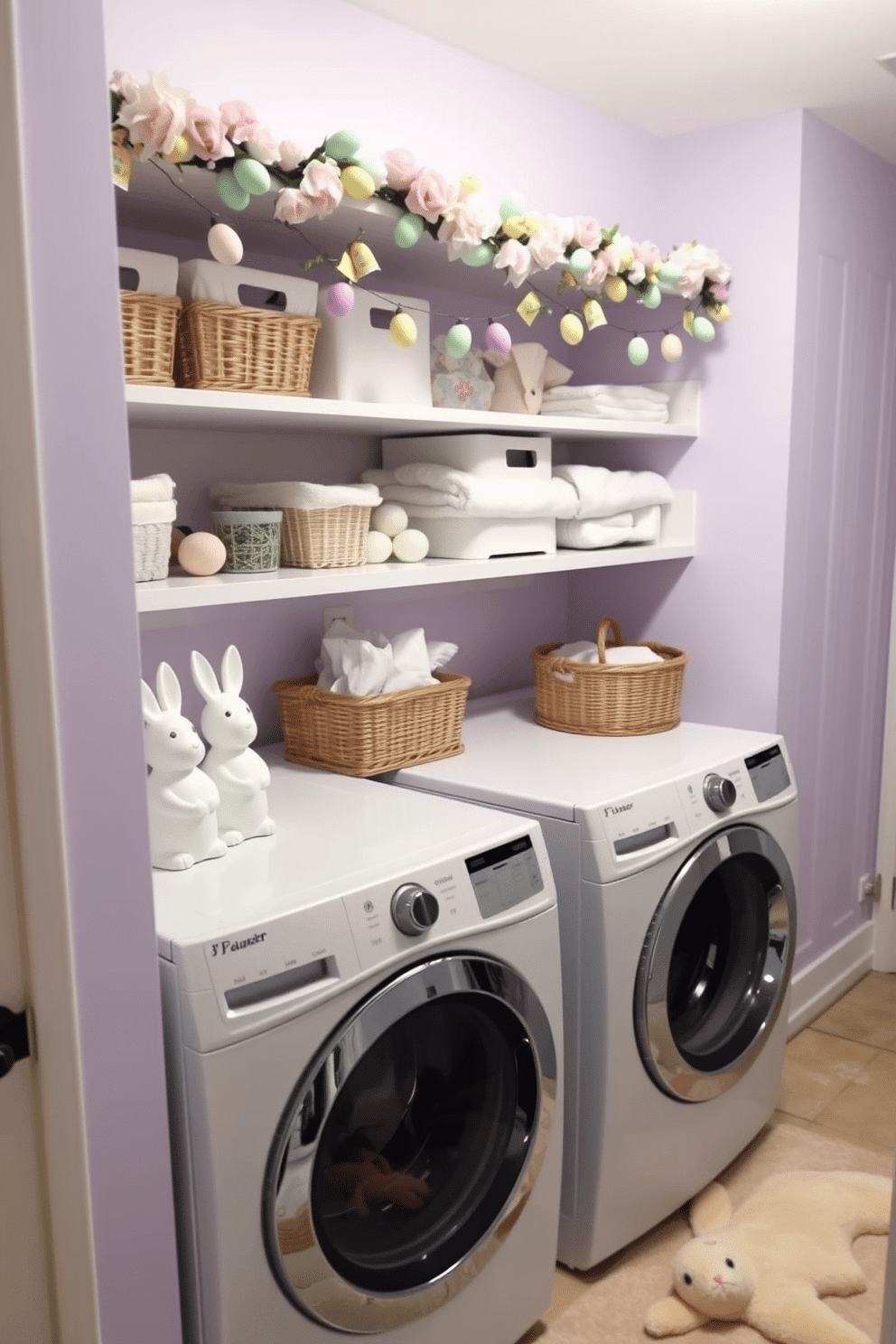 A cozy laundry room decorated for Easter. Bunny-shaped laundry soap dispensers sit atop a white countertop, adding a whimsical touch. Pastel-colored baskets and towels are neatly arranged on open shelves, creating a soft and inviting atmosphere. Above the countertop, a garland of pastel Easter eggs and flowers hangs, bringing a festive feel to the space. The walls are painted in a light lavender shade, complementing the overall Easter theme, while a plush bunny rug lies in front of the washer and dryer.