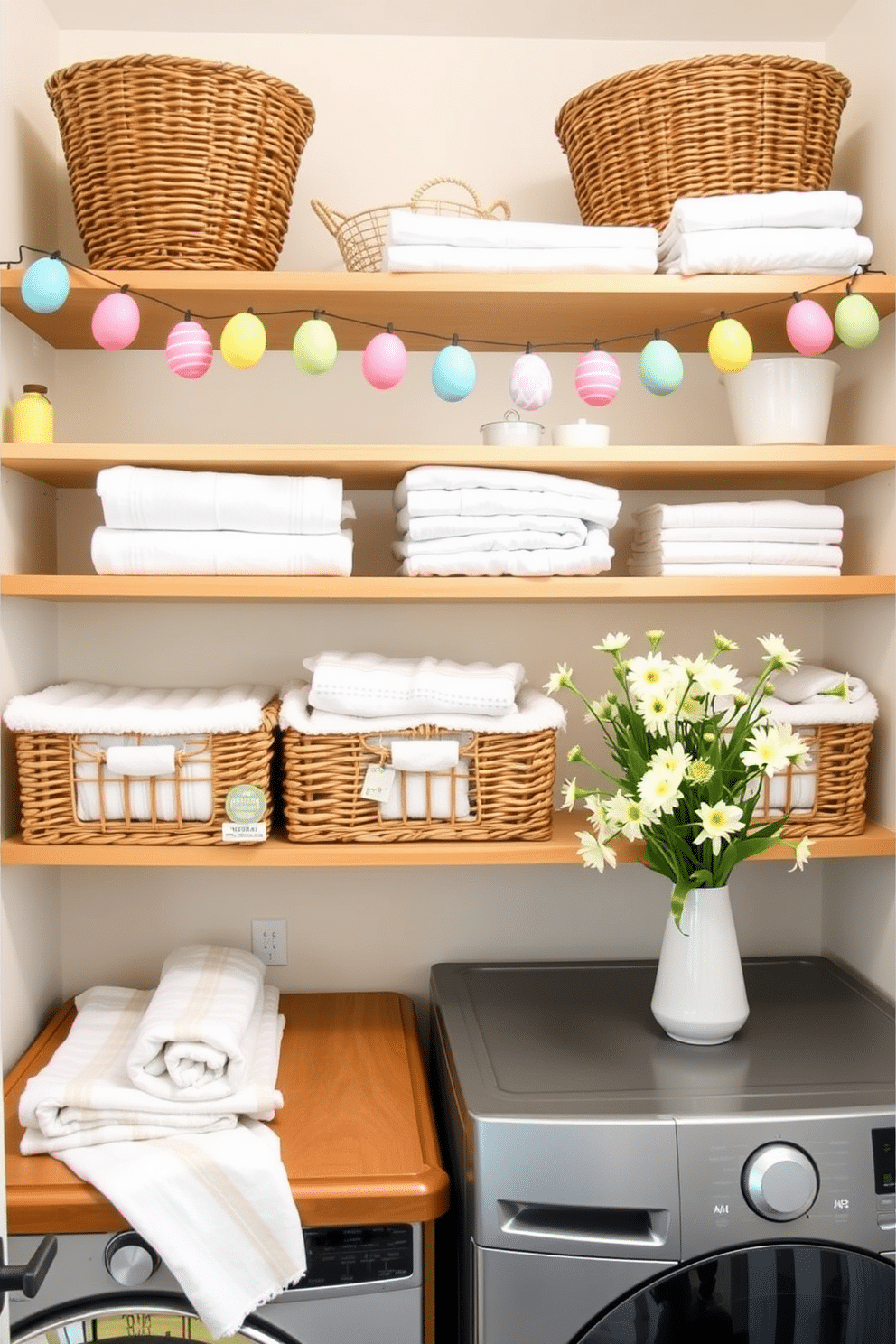 A lively laundry room decorated for Easter. Shelves adorned with a colorful Easter egg garland, featuring pastel hues of pink, blue, yellow, and green. Below the shelves, wicker baskets filled with neatly folded towels and linens. A wooden countertop provides space for sorting laundry, while a vase with fresh spring flowers adds a touch of nature.