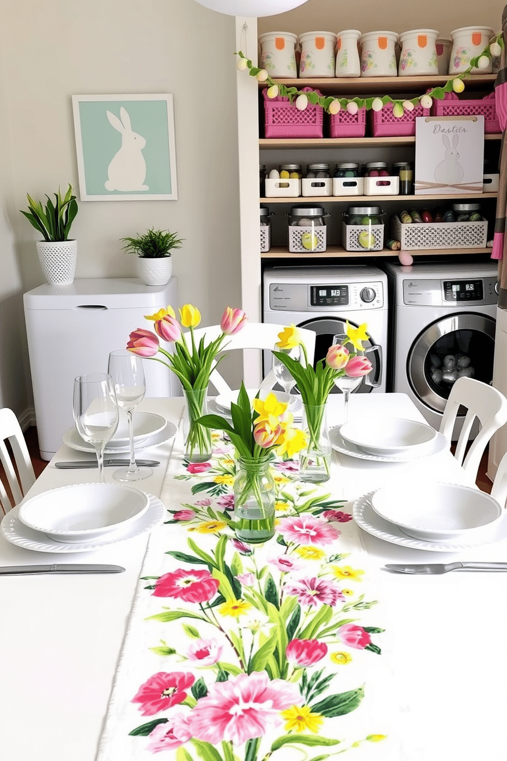 A festive dining table adorned with a vibrant table runner featuring spring florals. The runner is complemented by elegant white dinnerware, crystal glasses, and small vases filled with fresh tulips and daffodils, creating a bright and cheerful atmosphere. A charming laundry room decorated for Easter, with pastel-colored baskets and bunny-themed wall art. The shelves are lined with jars of colorful detergent pods, while a small potted plant and an Easter egg garland add a touch of springtime whimsy.