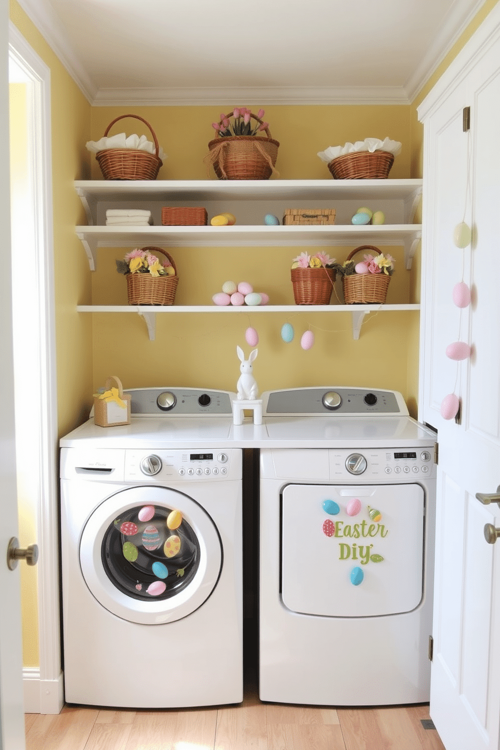 A bright and cheerful laundry room adorned with Easter-themed magnets on the washer and dryer. The walls are painted a soft pastel yellow, and the floor is covered with a light wood laminate. Above the washer and dryer, white shelves hold baskets filled with colorful Easter eggs and spring flowers. A decorative bunny figurine sits on the countertop, and a garland of Easter eggs hangs from the cabinets.