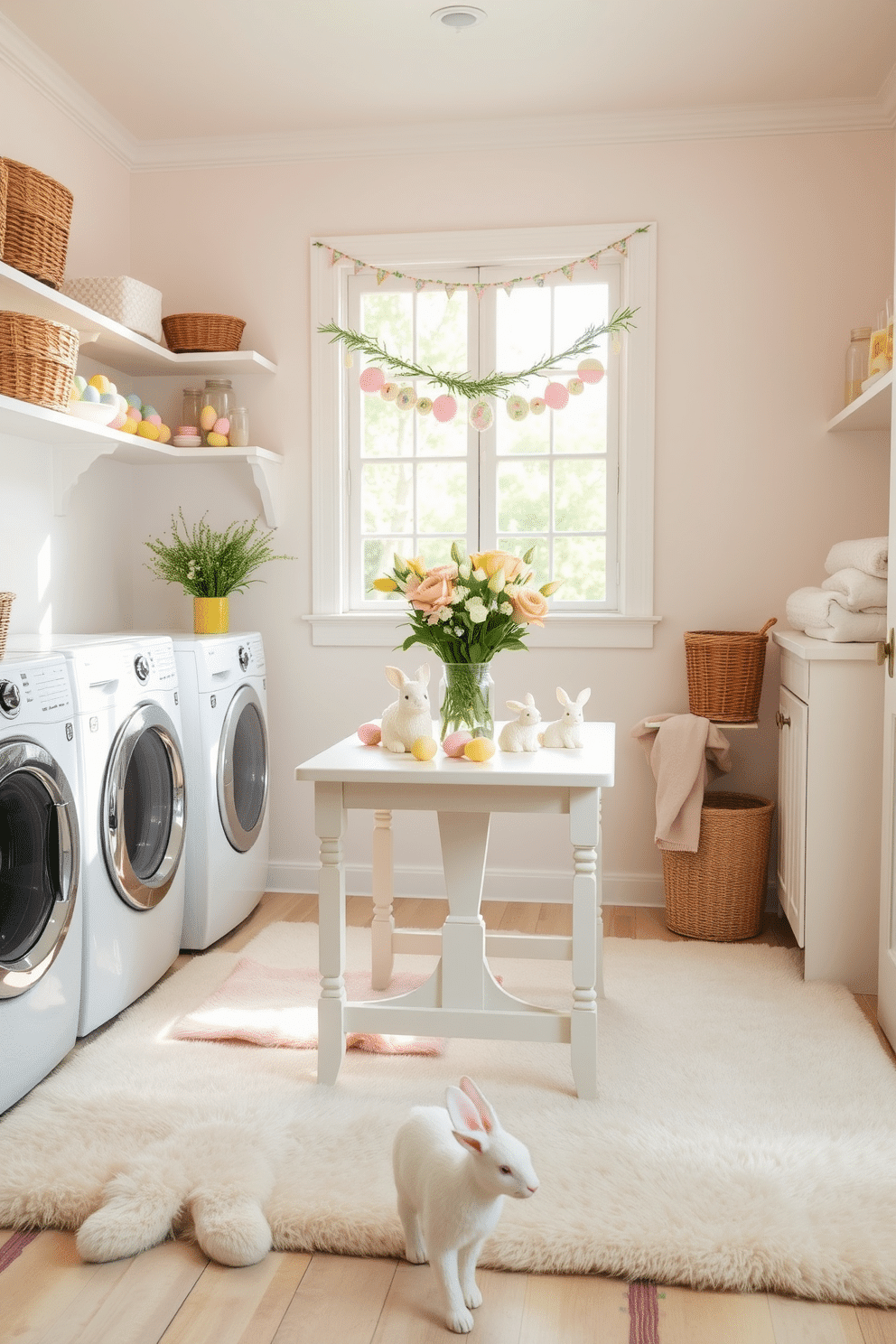 A cozy laundry room with a pastel color palette. Shelves adorned with wicker baskets and glass jars filled with colorful Easter eggs. A white wooden table in the center, decorated with a vase of fresh spring flowers and bunny figurines. Soft, plush rugs in pastel shades cover the floor, and a garland of Easter-themed decorations hangs above the window.