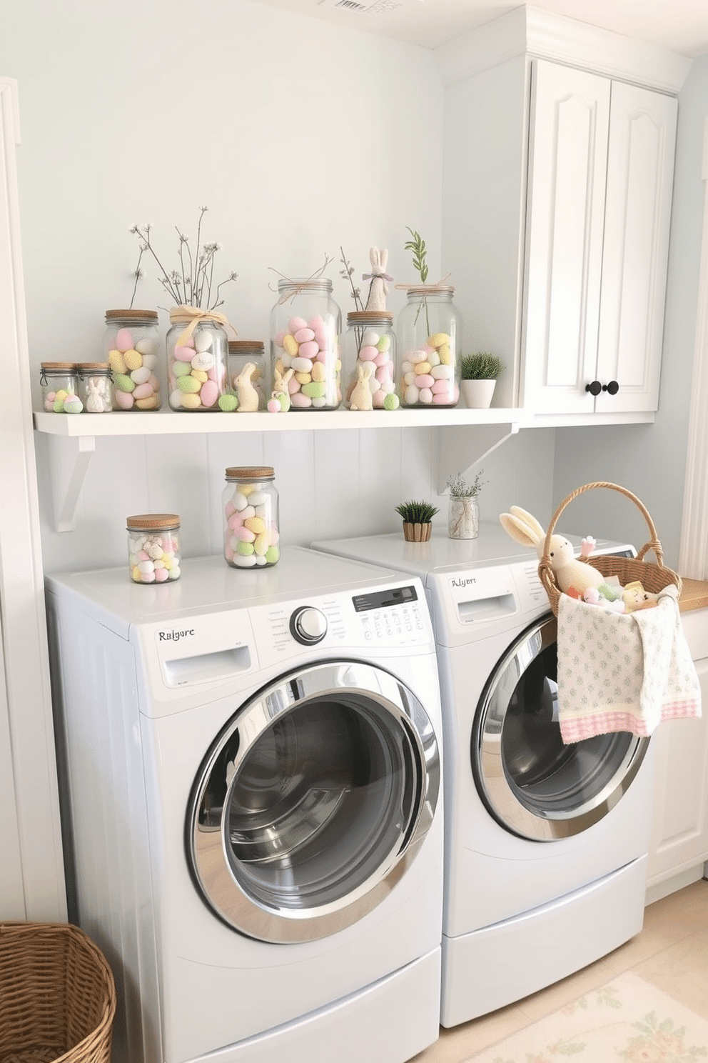 Decorative jars filled with candy eggs. Clear glass jars of varying heights are filled with pastel-colored candy eggs and arranged on a white wooden shelf. Each jar is topped with a simple, rustic lid, and a few are adorned with pastel ribbons tied into bows. The shelf is decorated with small, delicate ceramic bunnies and a few sprigs of artificial spring flowers, creating a whimsical, festive display perfect for Easter celebrations. Laundry Room Easter Decorating Ideas. The laundry room features a soft pastel color palette with light blue walls and white cabinetry. Above the washer and dryer, a wooden shelf holds decorative jars filled with colorful candy eggs and small potted plants. The countertop is adorned with a wicker basket filled with plush bunnies and decorative Easter eggs. A pastel-colored rug with a floral pattern adds a touch of warmth and charm to the space, making laundry chores feel more festive and enjoyable.