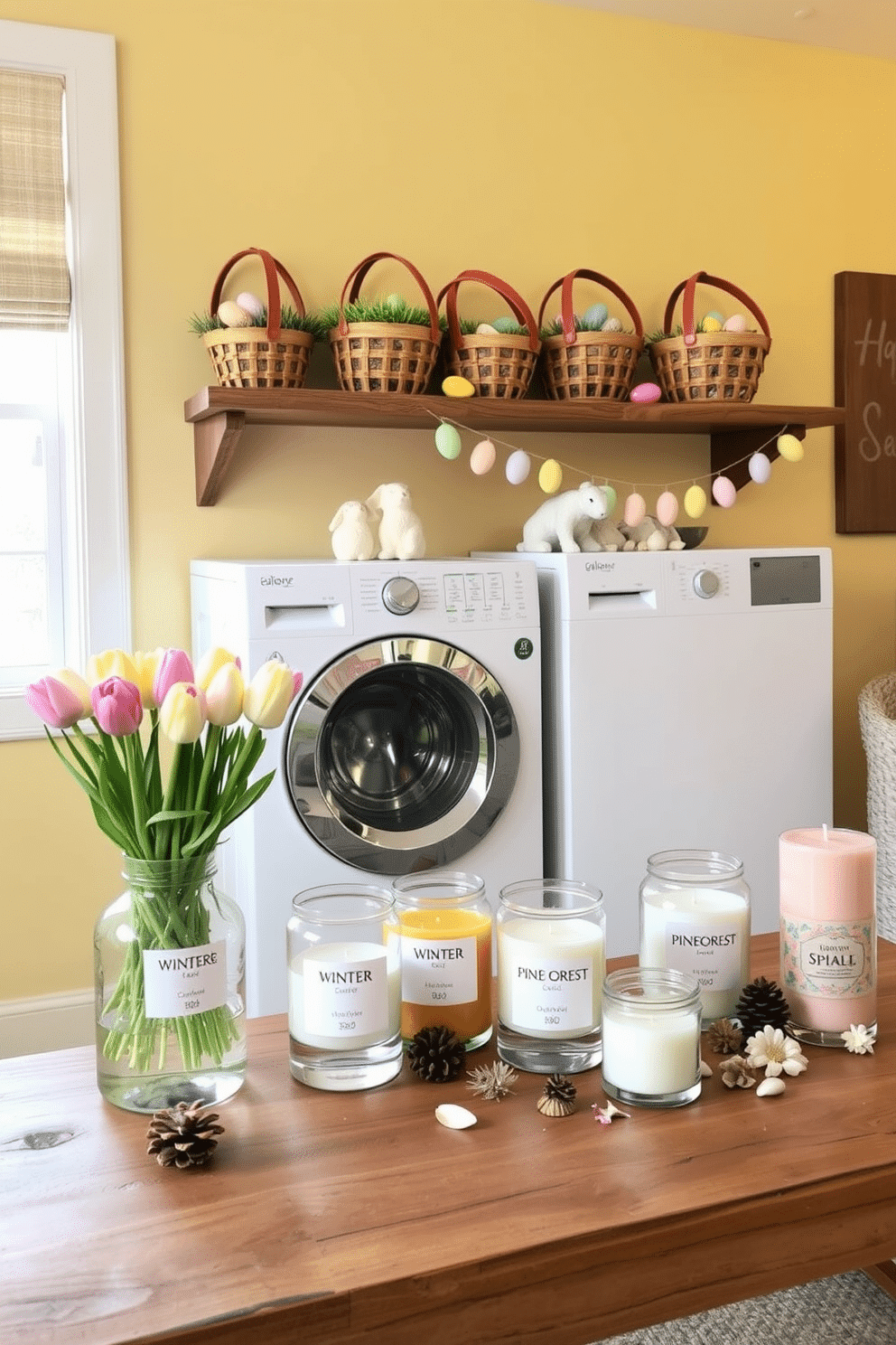 A cozy laundry room decorated for Easter. The walls are painted a soft pastel yellow, and a wooden shelf above the washing machine holds a collection of colorful Easter baskets filled with faux grass and painted eggs. On the countertop, there’s a vase of fresh tulips in various spring colors, and a ceramic bunny figurine sits beside it. A garland of pastel-colored paper eggs is draped across the window, and a cheerful “Happy Easter” sign hangs on the wall. A collection of seasonal scented candles arranged on a living room coffee table. The candles are in glass jars with labels indicating scents like cinnamon spice, vanilla bean, and pine forest, evoking the freshness of different seasons. Each candle is surrounded by small decorative items such as pinecones for winter, seashells for summer, and dried flowers for spring. The table itself is a rustic wooden piece, adding warmth and charm to the room.