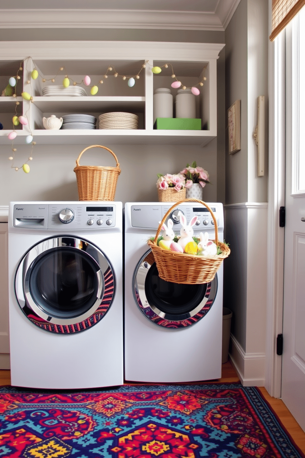 A vibrant laundry room featuring a colorful rug with intricate patterns. The rug showcases a mix of bold hues like red, blue, and yellow, adding a lively touch to the space. An Easter-themed laundry room decorated with pastel-colored accents. Hanging from the shelves are delicate garlands of Easter eggs, while a wicker basket filled with decorative bunnies and flowers sits atop the washing machine.