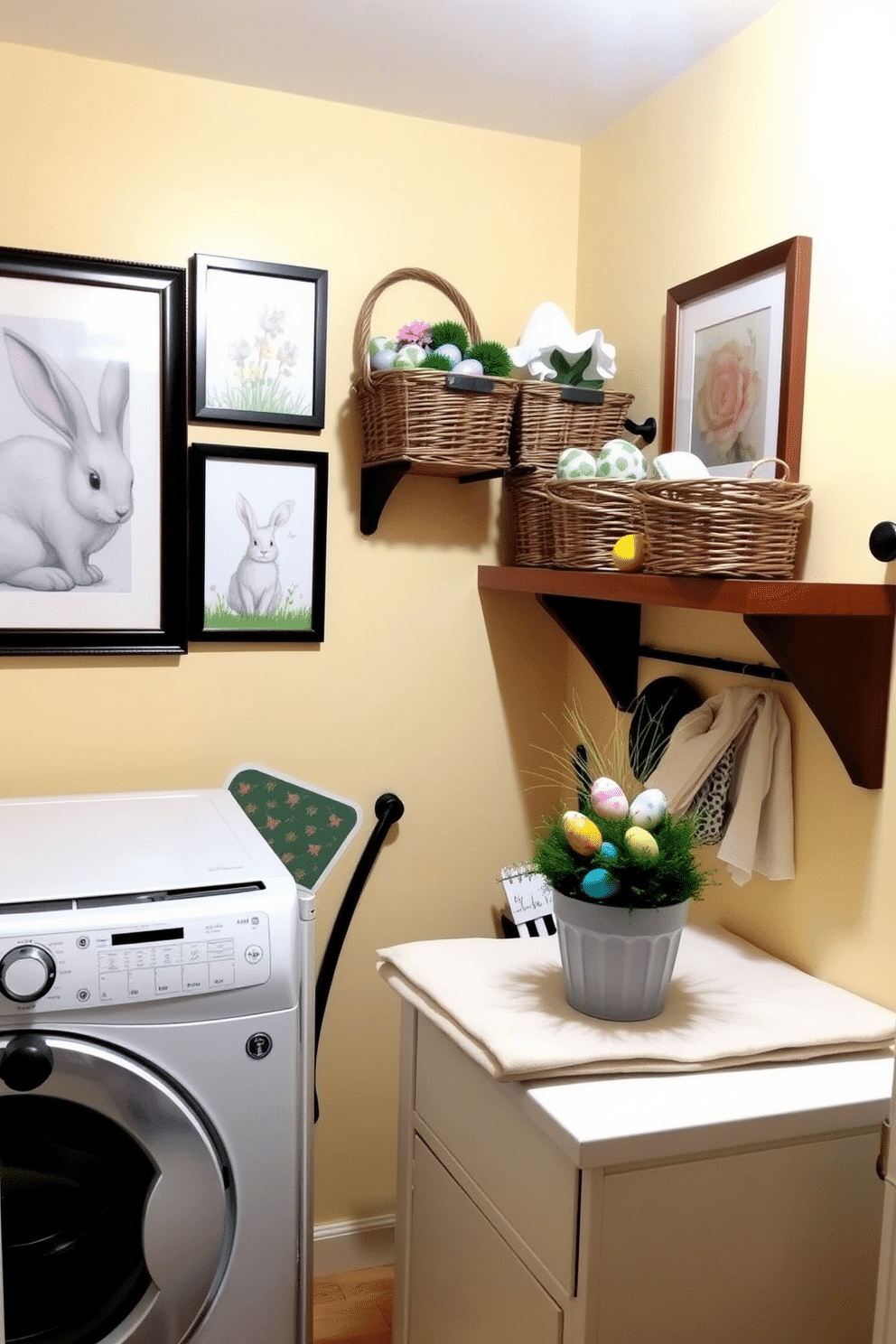 A cozy laundry room adorned with Easter-themed artwork. The walls are painted a soft pastel yellow, featuring framed prints of bunnies, eggs, and spring flowers. Above the washer and dryer, a wooden shelf holds wicker baskets filled with Easter decorations. A small, potted plant with colorful Easter eggs nestled at its base sits atop the folding counter, adding a festive touch.