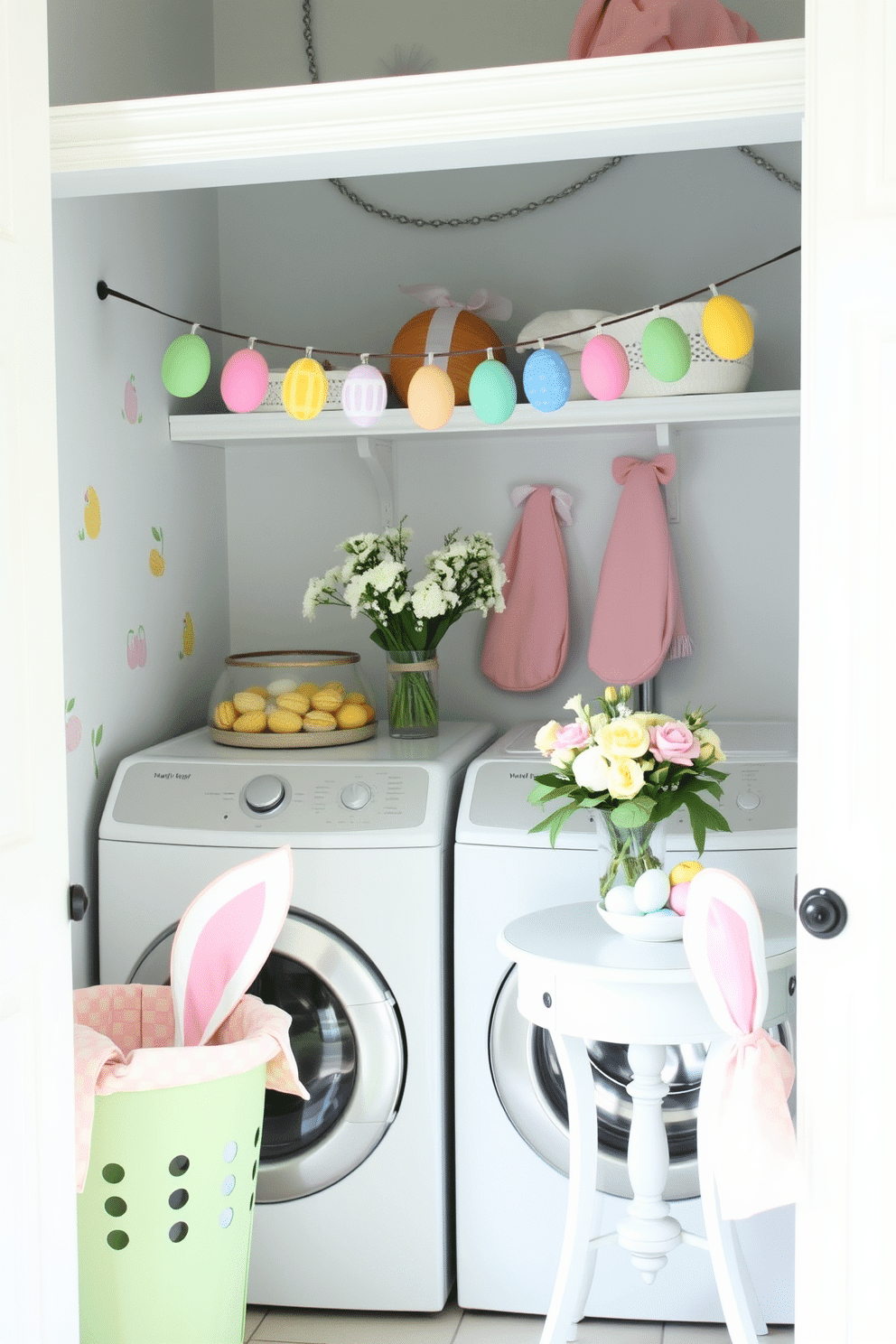 A whimsical laundry room decorated for Easter. Bunny ear laundry baskets in pastel colors are placed against the walls, creating a playful and festive atmosphere. The walls are adorned with Easter-themed decals, and a garland of colorful eggs hangs above the washer and dryer. A small table in the corner holds a vase of fresh spring flowers and a bowl of painted eggs, adding a touch of seasonal charm.