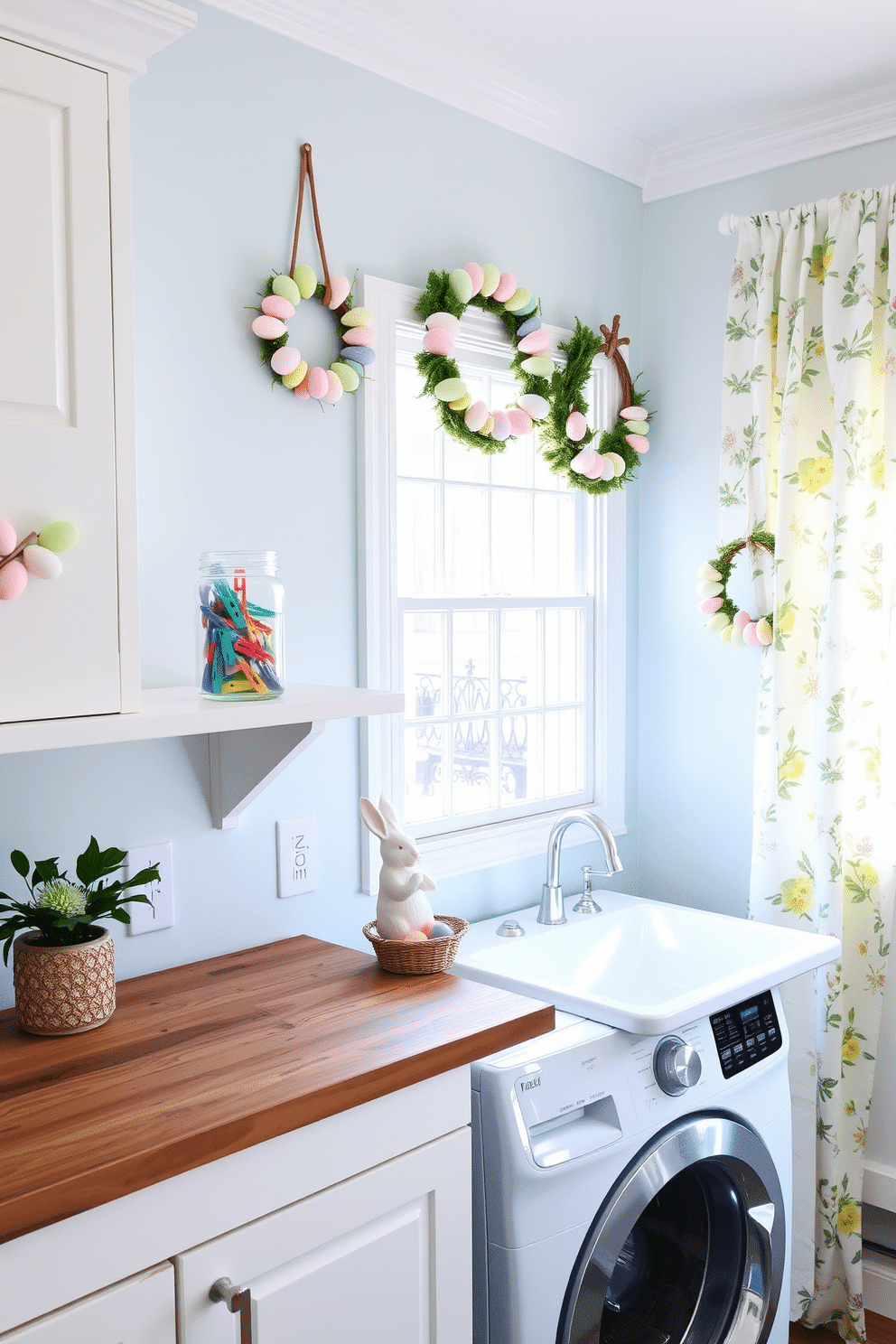 A cozy laundry room with a vintage touch. On a white wooden shelf, a clear glass jar filled with brightly colored clothespins sits next to a small potted plant. Below the shelf, a rustic wooden countertop spans the length of the wall, providing ample space for folding clothes. The walls are painted a soft pastel blue, complementing the white cabinetry and farmhouse sink. A charming Easter-themed laundry room setup. Decorative wreaths made of pastel-colored eggs hang on the walls, adding a festive touch. On the countertop, a ceramic bunny figurine sits beside a small basket filled with colorful Easter eggs. The room is brightened by natural light streaming in through a large window adorned with floral-patterned curtains.