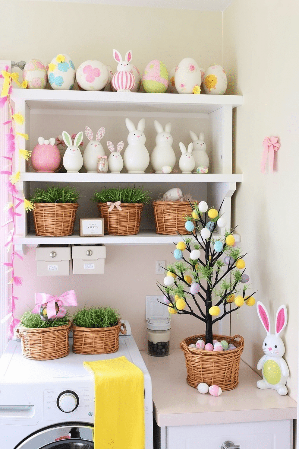 DIY Easter crafts displayed on shelves. Colorful paper mache eggs, intricately decorated with pastel paints and glitter, rest on the top shelf. Below, hand-painted ceramic bunnies and chicks are arranged alongside woven baskets filled with artificial grass and chocolate eggs. Brightly colored garlands and paper flowers drape across the shelves, adding a festive touch to the display. Laundry Room Easter Decorating Ideas. The laundry room features a pastel color scheme with light pink and yellow accents. Above the washer and dryer, a shelf holds a collection of Easter-themed storage bins and decorative jars filled with candy. On the countertop, a small Easter tree adorned with miniature eggs and ribbons brings a cheerful ambiance. A whimsical bunny-shaped laundry basket sits in the corner, adding a playful element to the space.