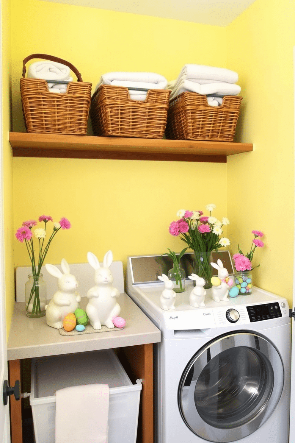 A bright and cheerful laundry room decorated for Easter. On the counter, ceramic bunny figurines are arranged in a playful manner, surrounded by pastel-colored eggs and spring flowers in glass jars. Above the counter, a wooden shelf holds wicker baskets filled with folded linens and more Easter-themed decorations. The walls are painted a soft yellow, and the floor is covered with a light grey tile, creating a fresh and inviting atmosphere.