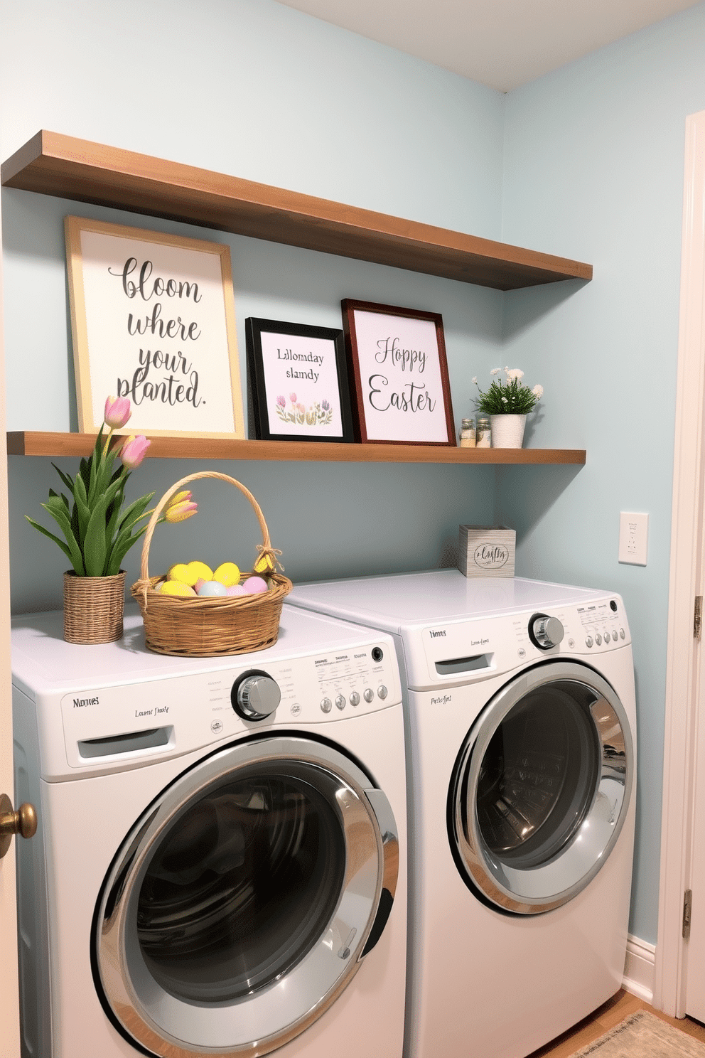 A cozy laundry room decorated for Easter. The walls are painted in a soft pastel blue, and there are wooden shelves above the washer and dryer. On the shelves, there are decorative frames with seasonal quotes such as 