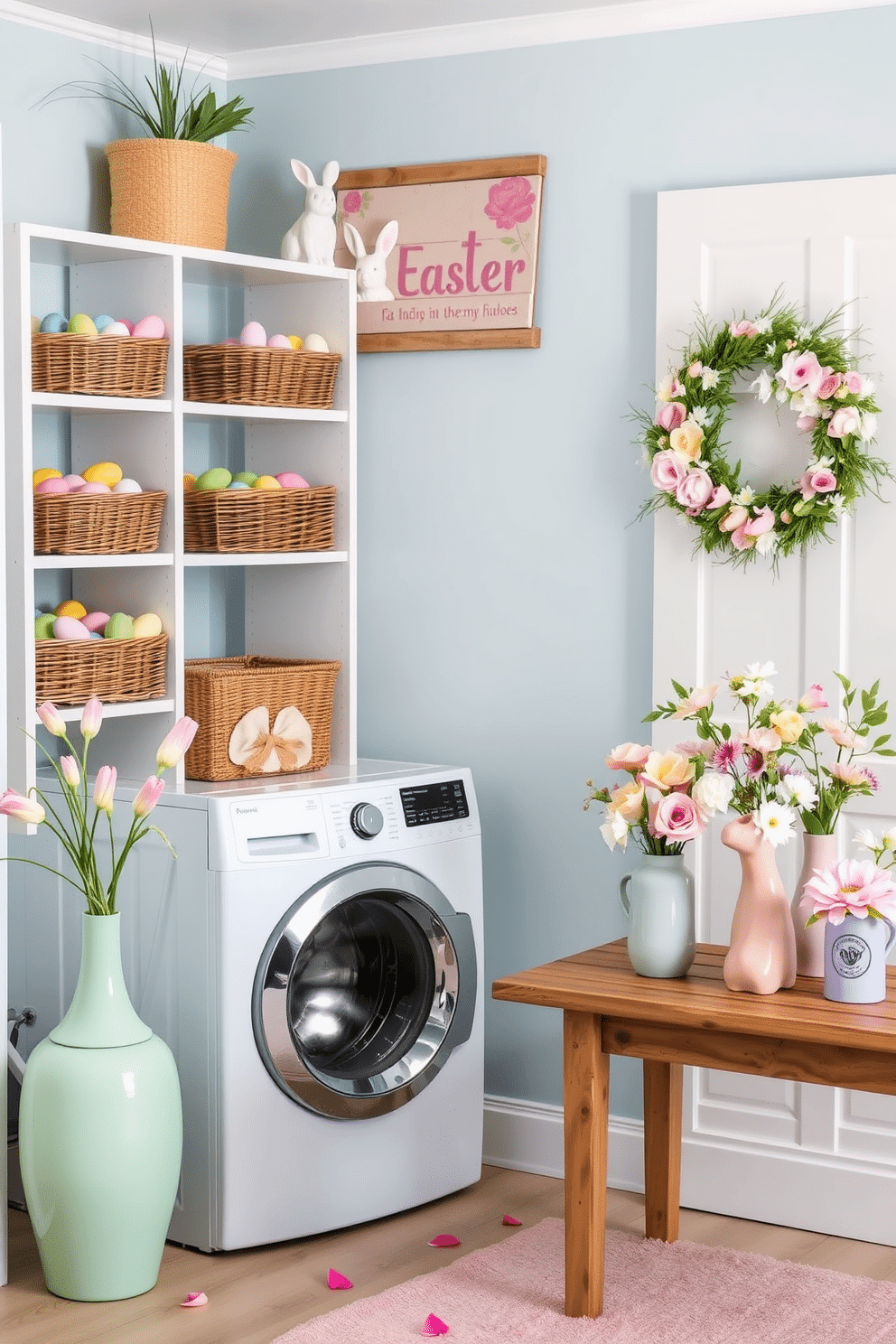 A cozy laundry room adorned with Easter decorations. The walls are painted a soft pastel blue, and a white shelving unit holds wicker baskets filled with colorful Easter eggs. Above the washer and dryer, a wooden shelf displays ceramic bunnies and spring-themed signs. A floral wreath with pastel-colored flowers hangs on the door, and a light pink rug lies on the floor. A charming collection of floral arrangements in pastel vases. The vases, in shades of mint green, blush pink, and soft lavender, are placed on a rustic wooden table. Each vase holds a different assortment of spring flowers, such as tulips, daisies, and peonies, creating a vibrant yet delicate display. A few scattered petals and leaves add a touch of natural beauty to the setting.