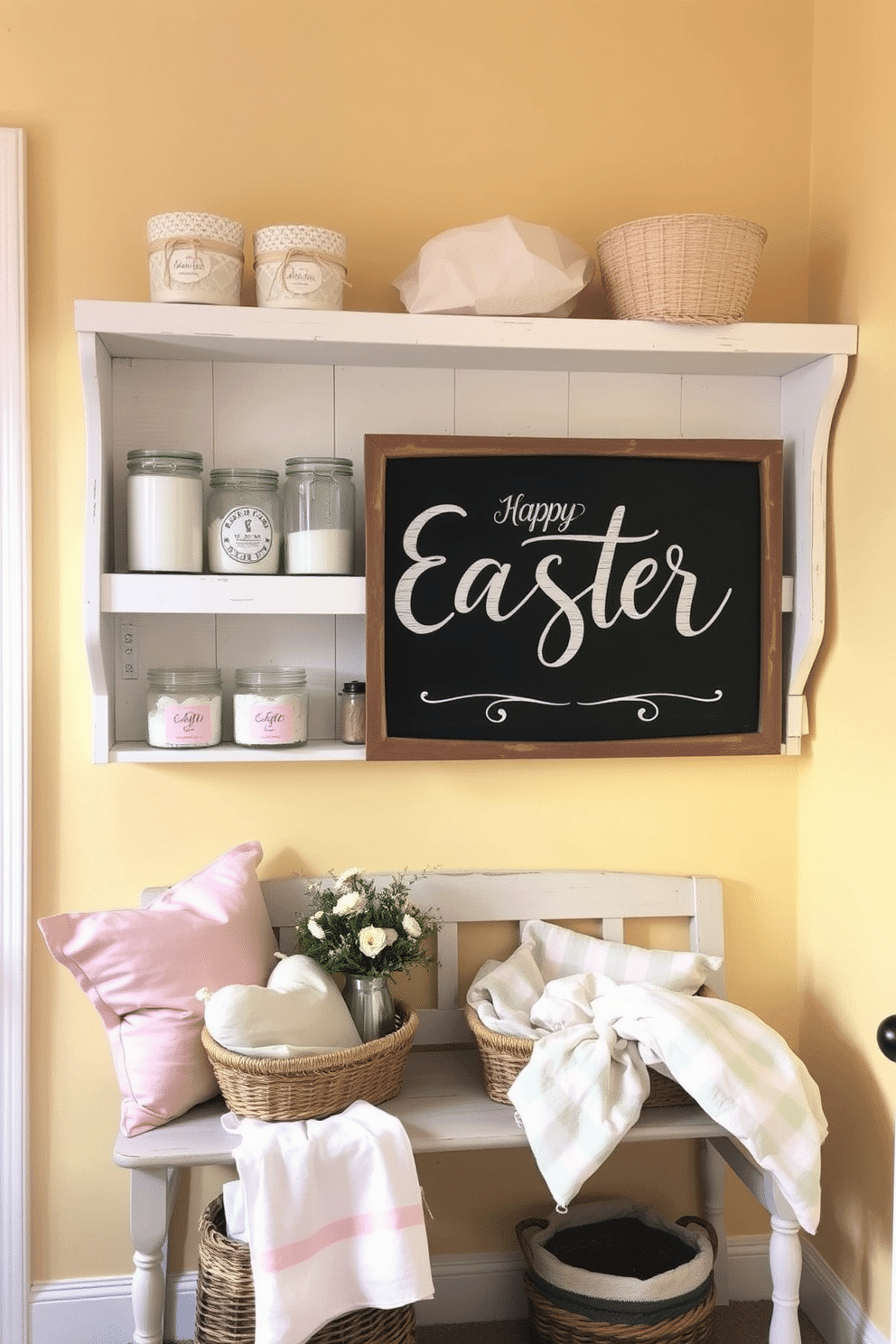 A cozy laundry room with a rustic chalkboard sign that reads 