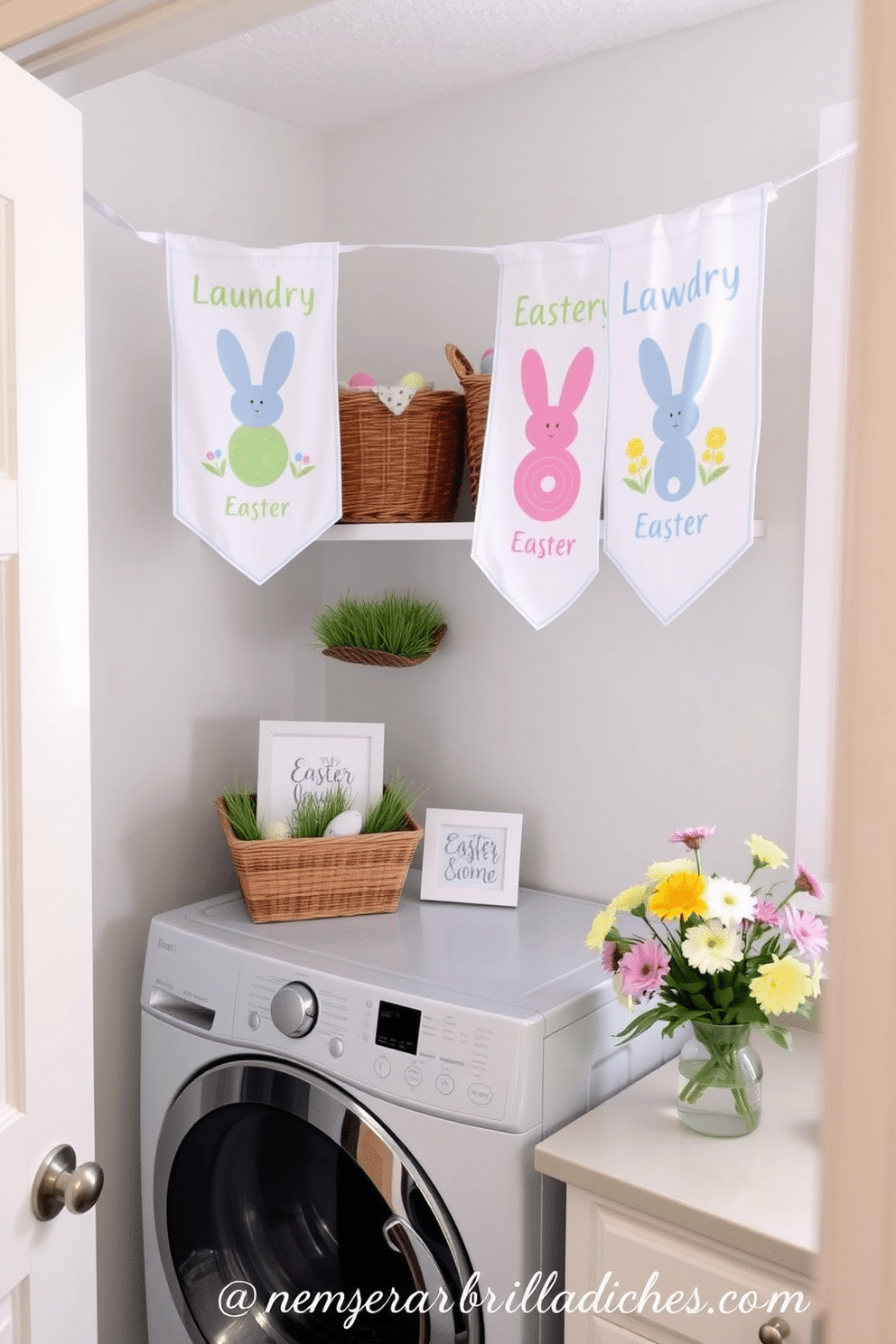 A cozy laundry room adorned with hanging fabric banners featuring Easter motifs. The banners display pastel-colored eggs, bunnies, and flowers, adding a festive and cheerful touch to the space. On the shelves above the washer and dryer, decorative baskets filled with faux grass and painted eggs are placed. A small, framed Easter-themed print sits on the countertop, and a vase with fresh spring flowers brightens the room.