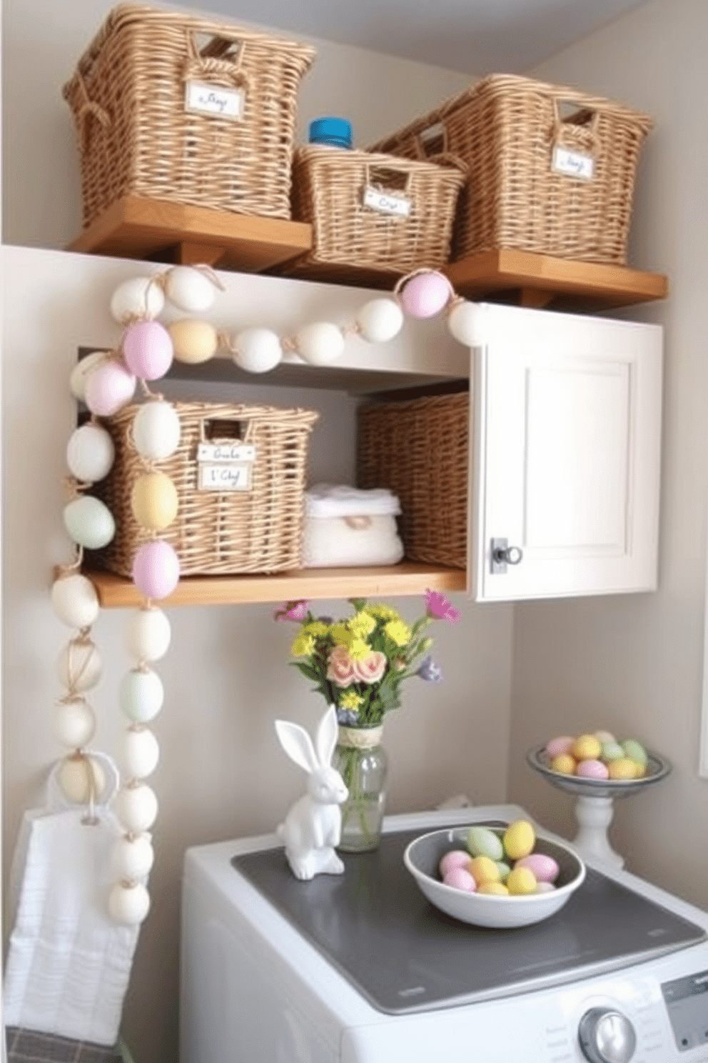 Decorative baskets for storing supplies: In a cozy laundry room, a set of woven wicker baskets in varying sizes is neatly arranged on floating wooden shelves. Each basket is labeled with elegant tags, providing a stylish and organized storage solution for laundry essentials like detergents, fabric softeners, and cleaning supplies. Laundry Room Easter Decorating Ideas: Transform your laundry room for Easter with pastel-colored decor, featuring a garland of paper eggs draped across the cabinets. A small, charming display on the countertop includes a vase of fresh spring flowers, a ceramic bunny figurine, and a bowl of colorful Easter eggs, creating a festive and cheerful atmosphere.