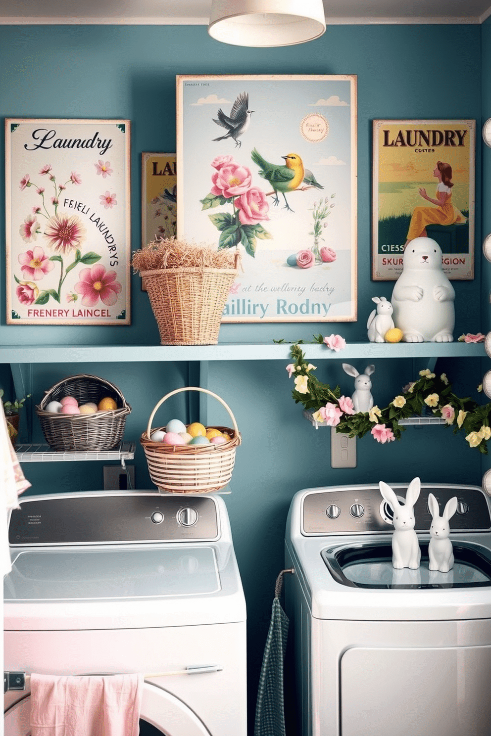 A charming laundry room adorned with vintage posters featuring spring themes. The walls are decorated with pastel-colored posters depicting blooming flowers, chirping birds, and classic laundry advertisements, creating a nostalgic and cheerful atmosphere. An inviting laundry room decorated for Easter with pastel hues and whimsical touches. Baskets filled with colorful Easter eggs are placed on the shelves, while bunny figurines and floral garlands add a festive and playful vibe to the space.