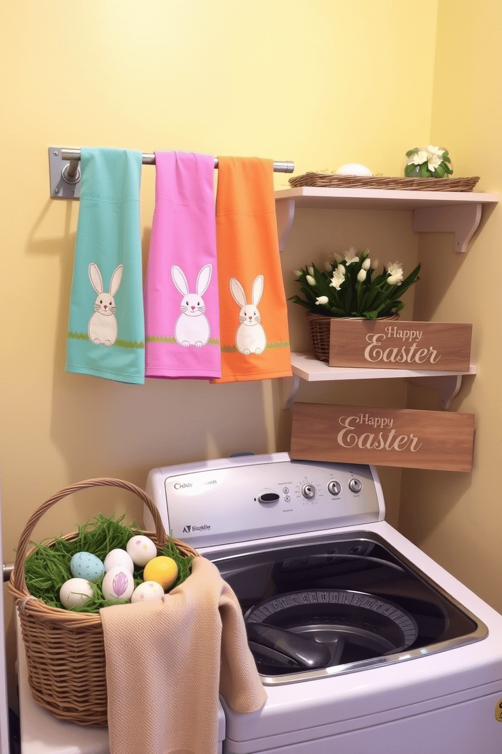 A cozy laundry room decorated for Easter. Brightly colored dish towels featuring Easter bunnies and eggs hang neatly from a rack above the washing machine. The walls are painted in a soft pastel yellow, and a wicker basket filled with faux Easter grass and painted eggs sits on a shelf. A small vase with fresh spring flowers adds a touch of nature, while a wooden sign with 