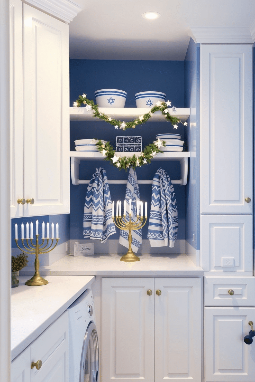 A serene laundry room featuring a blue and white color scheme. The walls are painted a soft blue, while the cabinetry is a crisp white, creating a fresh and inviting atmosphere. Decorative elements celebrate Hanukkah, with a beautiful menorah displayed on the countertop. Blue and white patterned towels hang neatly, and a festive garland of stars and dreidels adorns the shelves above.