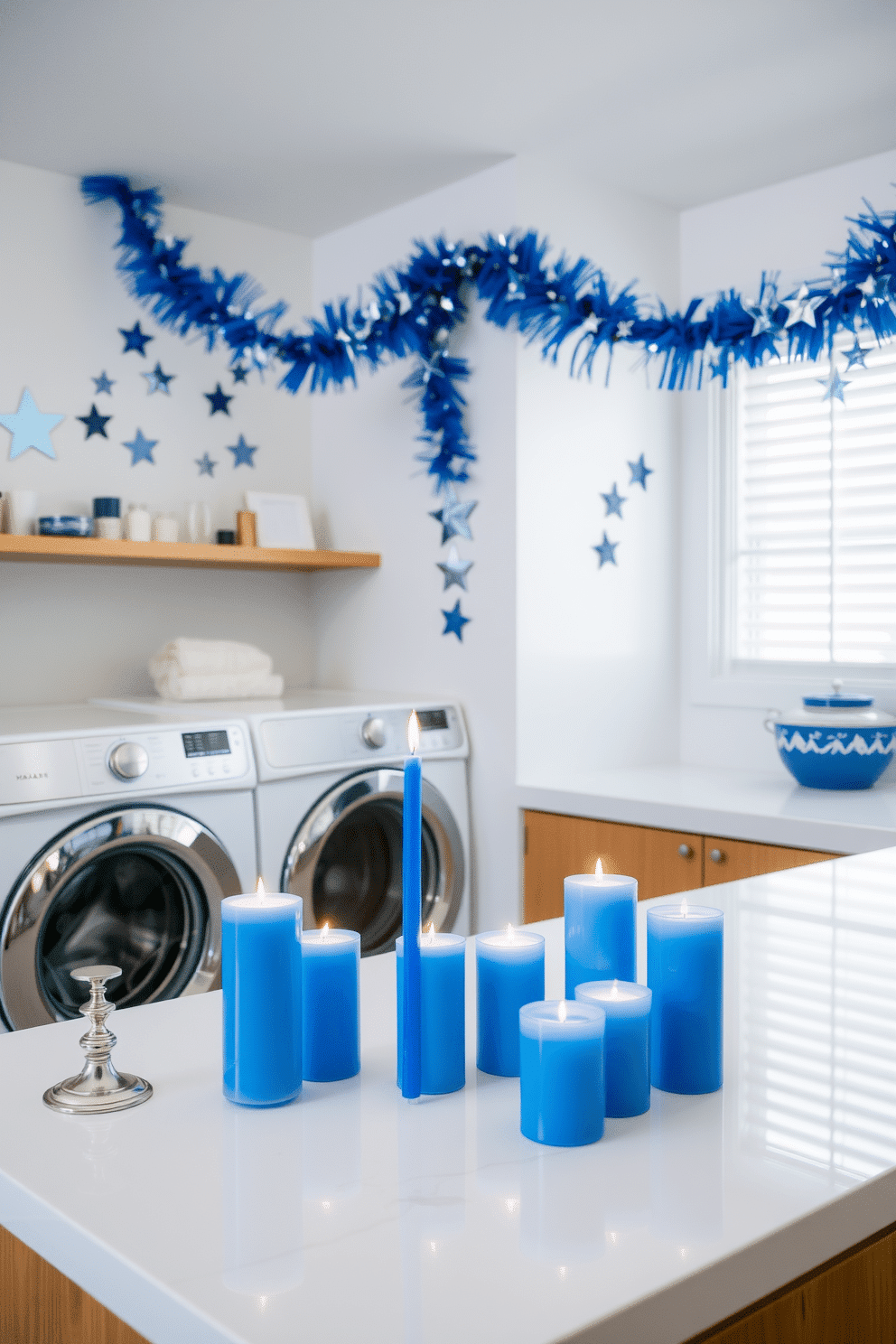 A serene laundry room featuring blue and silver candles arranged on a sleek countertop. The walls are adorned with festive Hanukkah decorations, including garlands of blue and silver stars, creating a joyful and inviting atmosphere.