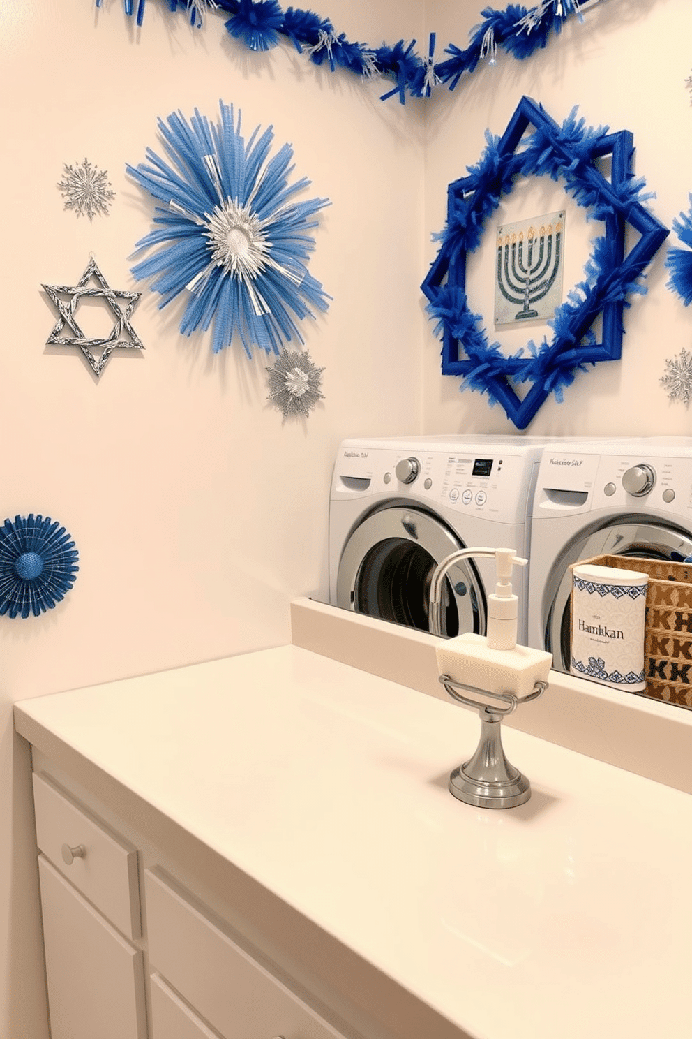 A stylish laundry room featuring a menorah-shaped soap dispenser on a sleek countertop. The walls are adorned with festive Hanukkah decorations, including blue and silver accents that create a cheerful atmosphere.