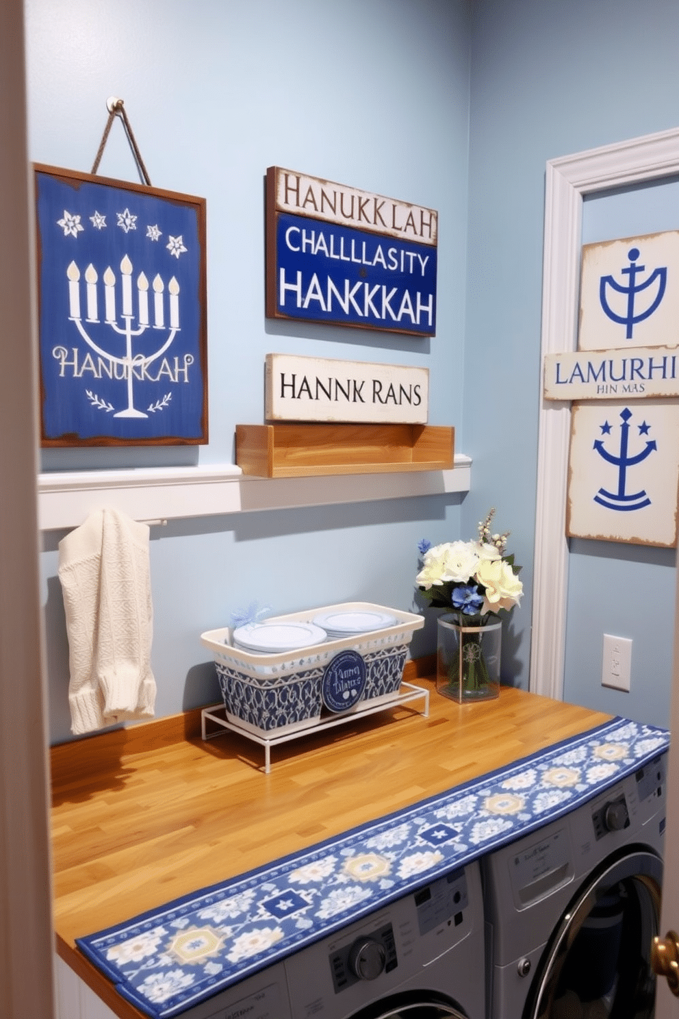 A cozy laundry room adorned with Hanukkah-themed signs. The walls are painted in a soft blue, and decorative signs featuring menorahs and dreidels hang prominently. The space features a wooden countertop with a decorative runner in blue and white patterns. A small shelf displays festive laundry baskets and a vase with white and blue flowers, creating a cheerful atmosphere.