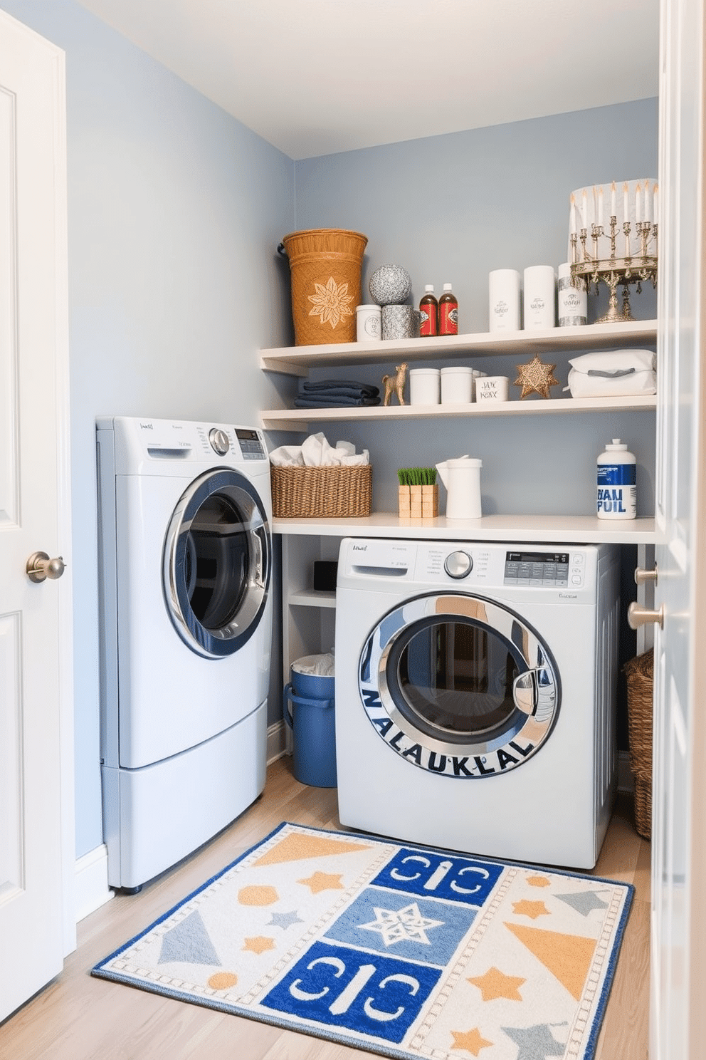 A cozy laundry room featuring a dreidel-patterned rug that adds a festive touch to the space. The walls are painted a soft blue, and open shelving displays neatly organized laundry supplies alongside Hanukkah-themed decorations like menorahs and star ornaments.