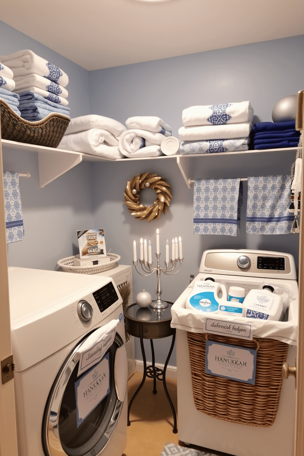 A cozy laundry room adorned with Hanukkah-themed decorations. The walls are painted a soft blue, and shelves are lined with neatly folded towels featuring blue and silver patterns. Hanukkah-themed laundry labels are elegantly displayed on baskets filled with laundry essentials. A menorah sits on a small table, surrounded by festive ornaments and a warm, inviting glow.