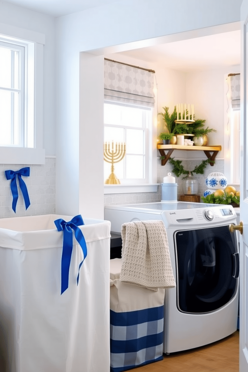 A bright and cheerful laundry room features two stylish laundry hampers adorned with blue ribbons, adding a touch of elegance to the space. The walls are painted a soft white, complemented by a patterned backsplash that enhances the room's vibrant atmosphere. For Hanukkah, the laundry room is beautifully decorated with festive elements, including a menorah displayed on a shelf and string lights draped across the windows. A cozy, warm color palette of blues and golds ties the decor together, creating a welcoming environment for holiday festivities.